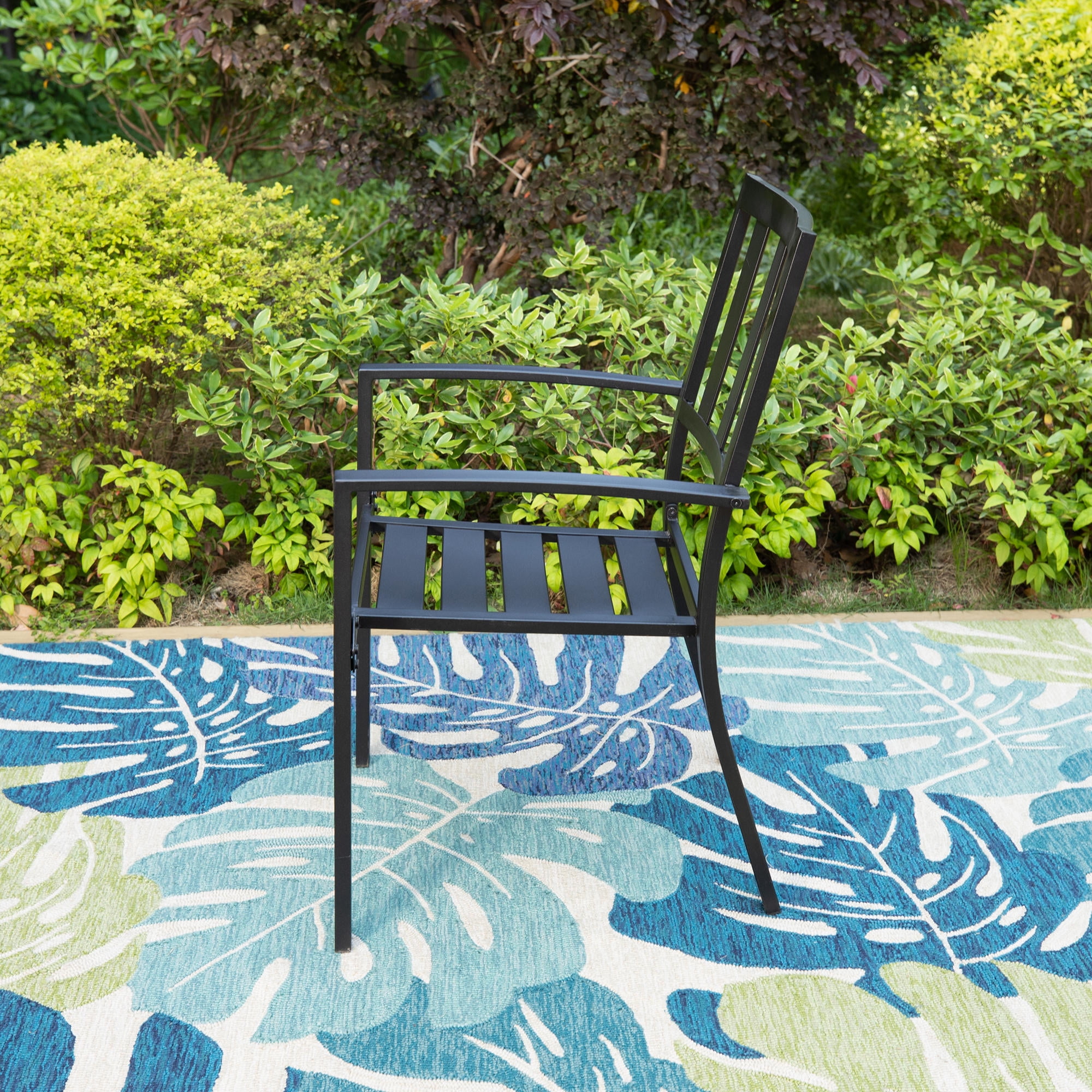 MF Studio 5-Piece Outdoor Patio Dining Set with 4 Metal Stacking Armchairs & 1 Square Table with Umbrella Hole, Black - Image 8