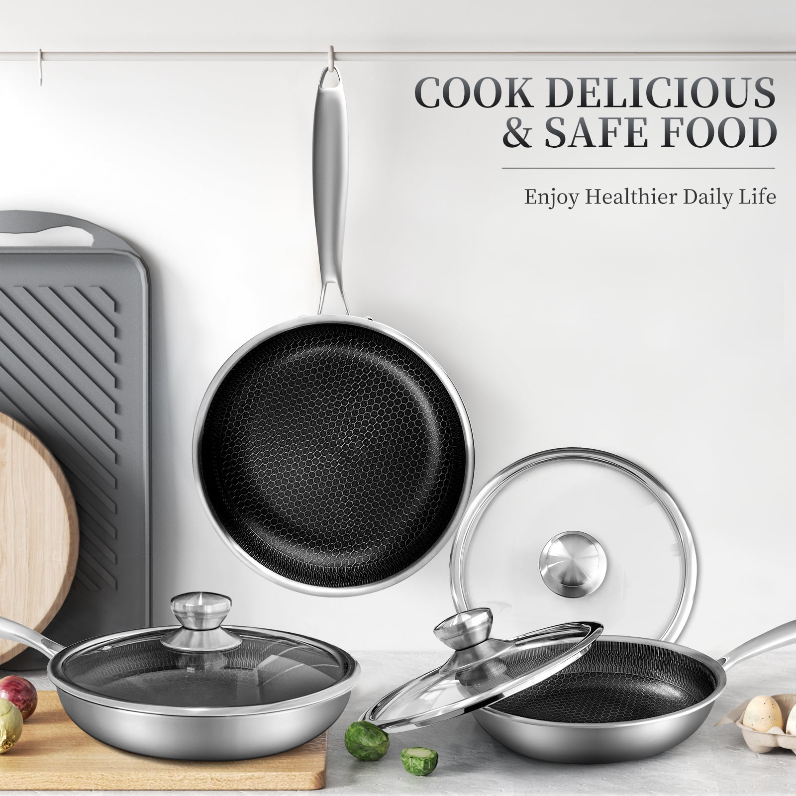 Innerwell 11 inch Stainless Steel Nonstick Saute Pan with Lid Omelet Pan for Gas Electric Induction Ceramic Stoves - Image 4