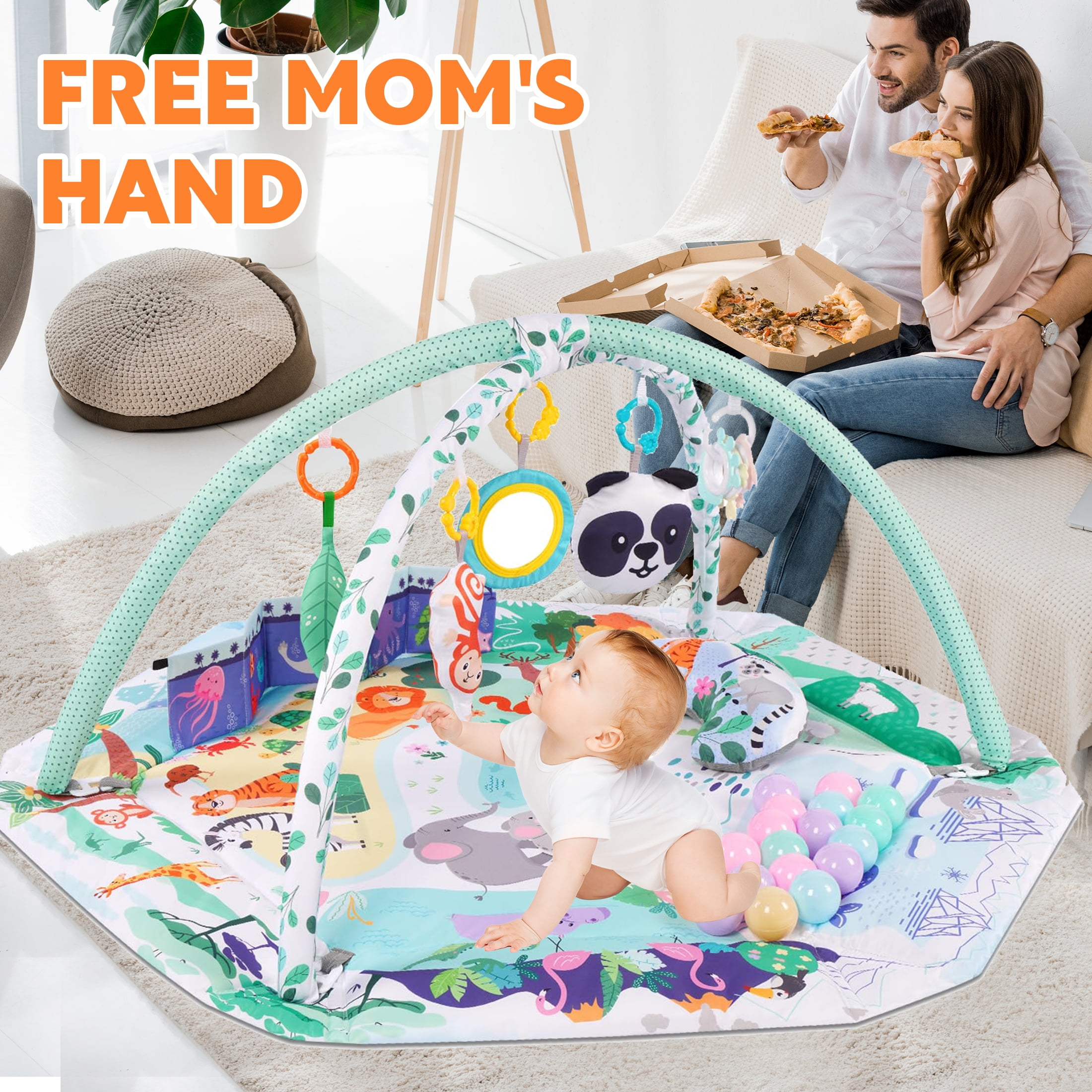 Baby Play Gym and Activity Mat - 4-in-1 Tummy Time Gym with Sensory Toys for Infants & Toddlers, Green - Image 3