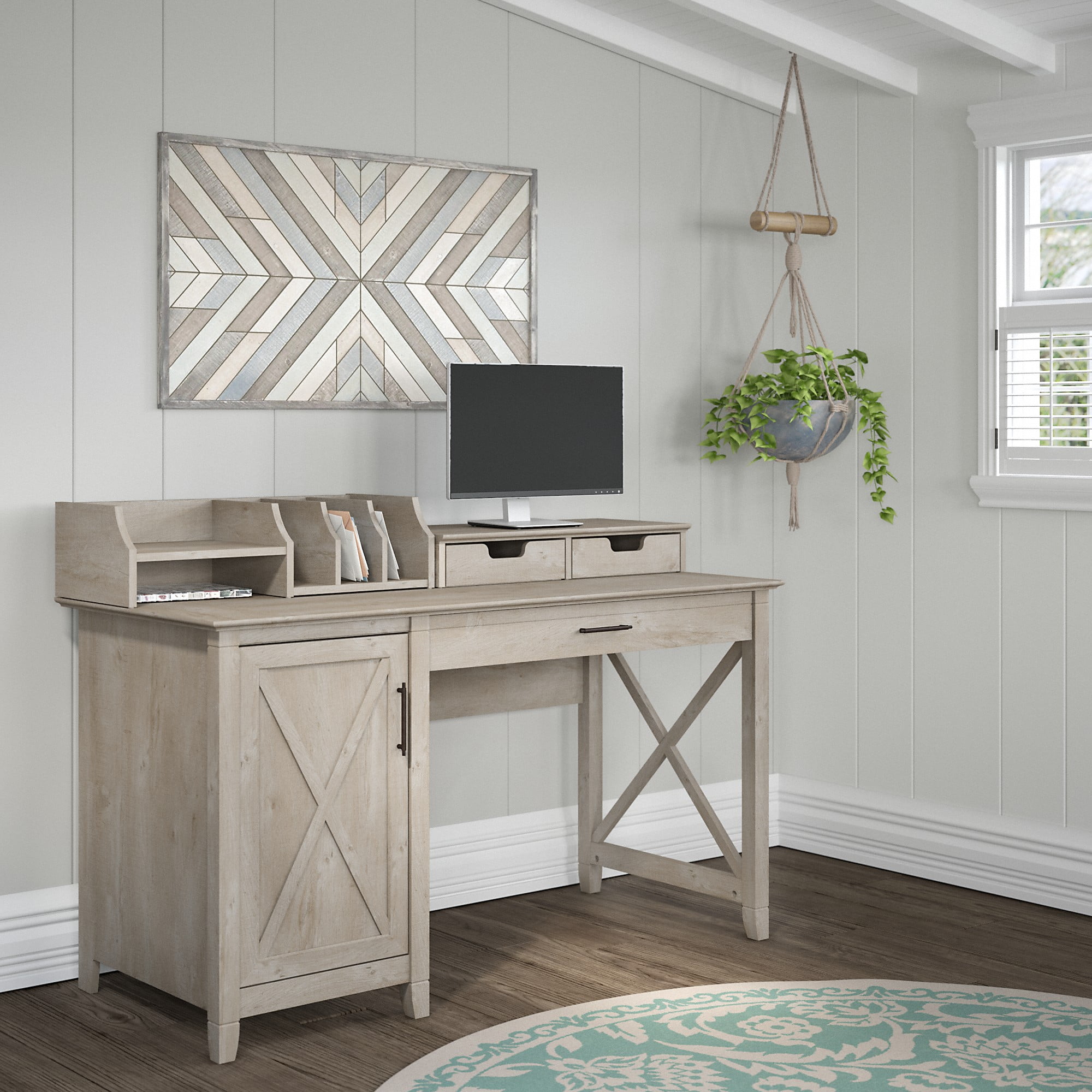 Bush Furniture Key West 54" Computer Desk with Storage, Washed Gray - Image 3