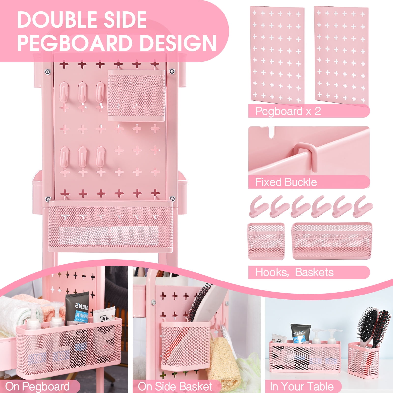 TOOLF 3-Tier Rolling Cart, Utility Storage Cart with DIY Dual Pegboards, Organizer Serving Trolley, Pink - Image 4
