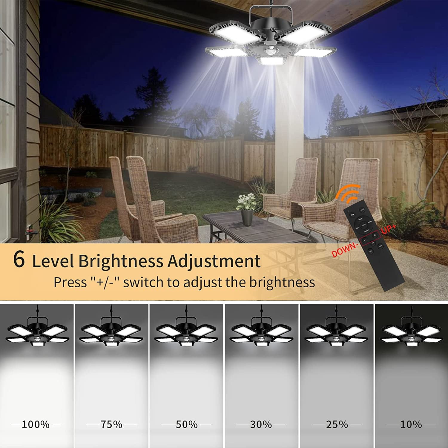 Auzev Solar Shed Light Indoor/Outdoor Work in Daylight, 160LED 1200LM Solar Pendant Light, 5-Leaf 120° Adjustable Solar Motion Sensor Light with Remote & 6 Lighting Modes for Shed Gazebo Barn - Image 4