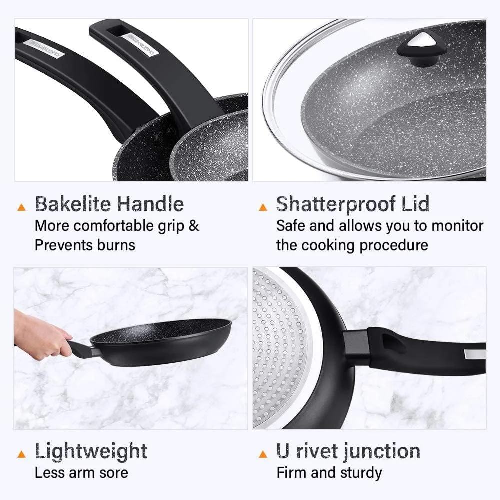 CS KOCHSYSTEME 8"+11" Nonstick Frying Cookware Sets with Lids - Frying Pan Sets with Granite Coating, Classic Skillet Chef's Pan Cookware, PFOA & APEO Free, Bakelite Handle, Induction Compatible - Image 2