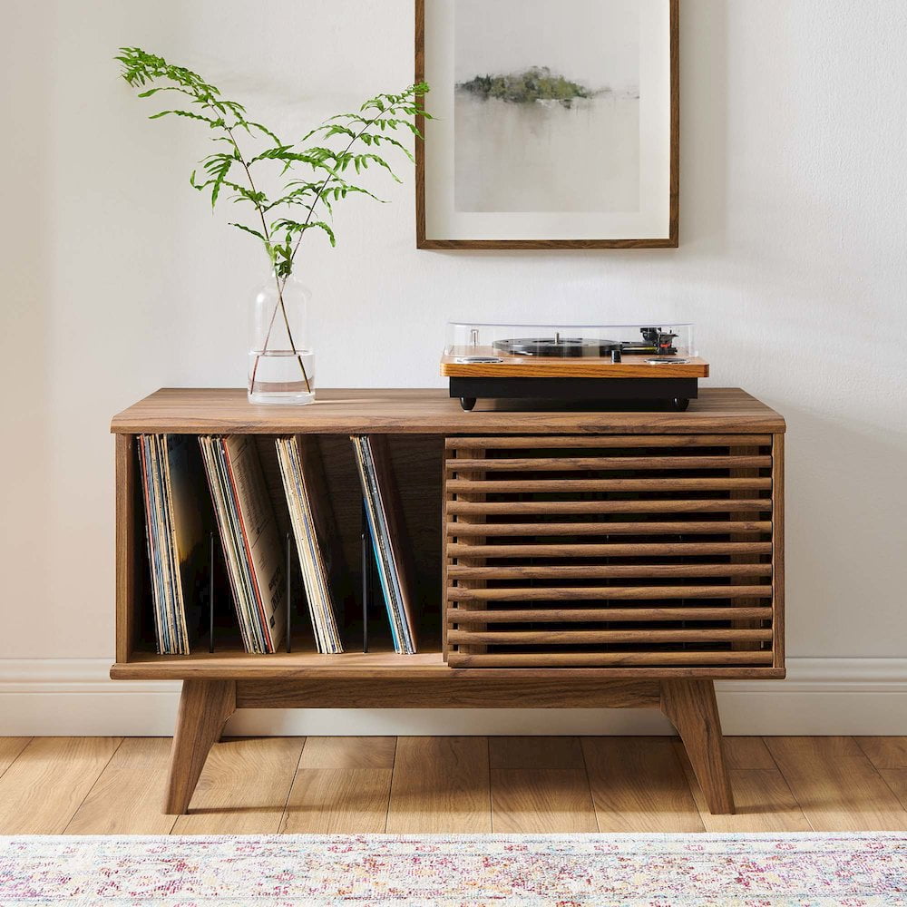 Modway Render Wood & Vinyl Record Display Stand with Sliding Door in Walnut - Image 9