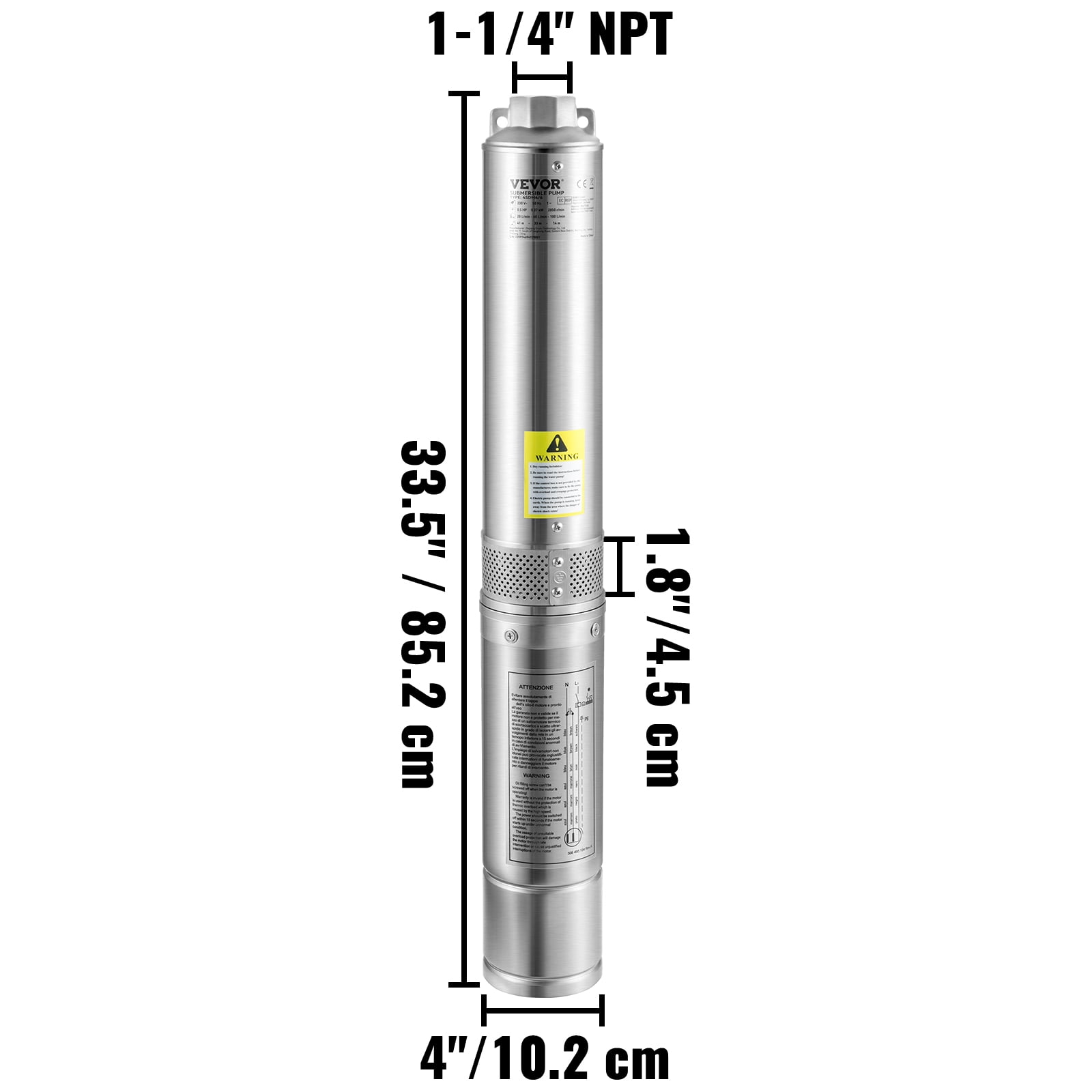 VEVORDeep Well Submersible Pump, 1.5HP 115V/60Hz, 37GPM 276ft Head, with 33 ft Cord & External Control Box, 4 inch Stainless Steel Water Pumps for Industrial, Irrigation and Home Use, IP68 Waterproof - Image 6