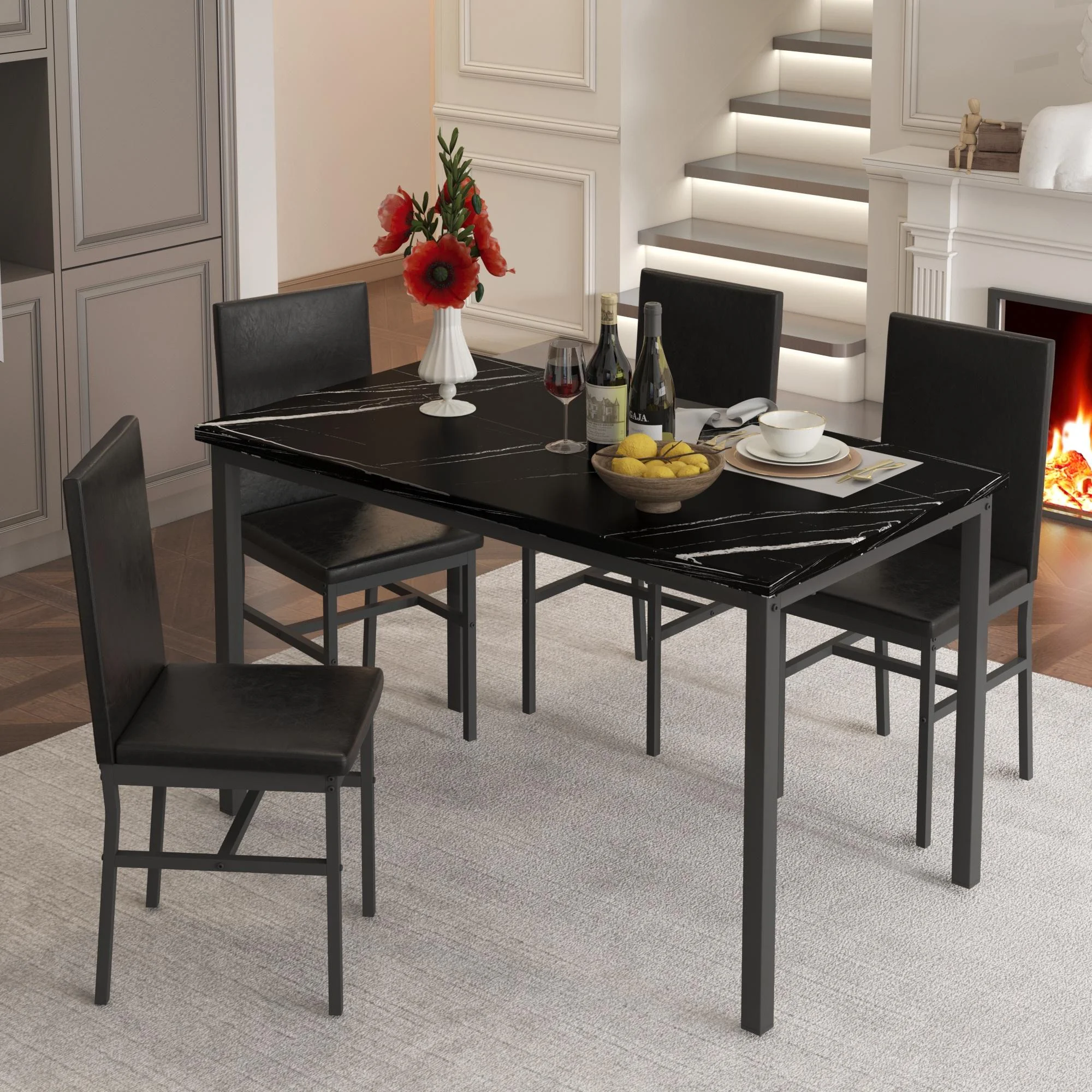 5 Piece Dining Table Set, Modern Faux Marble Tabletop and 4 PU Leather Upholstered Chairs, Rectangle Kitchen Table and Chairs for 4 Persons, Small Dining Set for Bar Dining Room Breakfast Nook - Image 2
