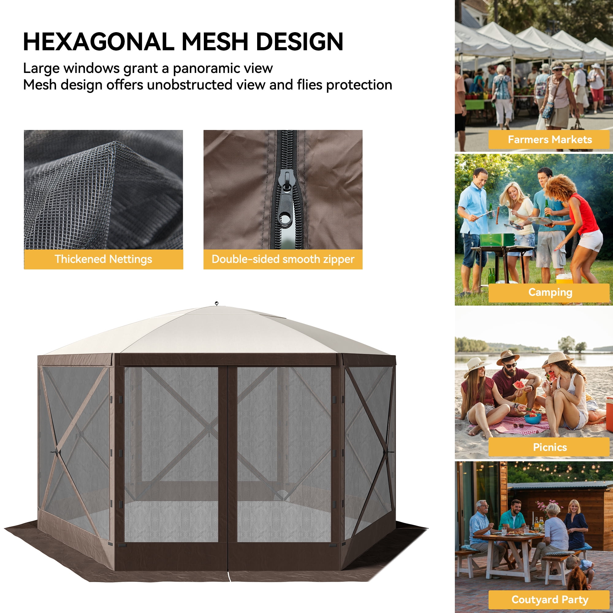 Dextrus 12x12ft Camping Gazebo, Portable Pop Up Canopy Outdoor Screen Tent 6 Sided with Mesh Windows and Carry Bag for Camping, Picnic, Backyard Party Outside Activities, Brown - Image 5