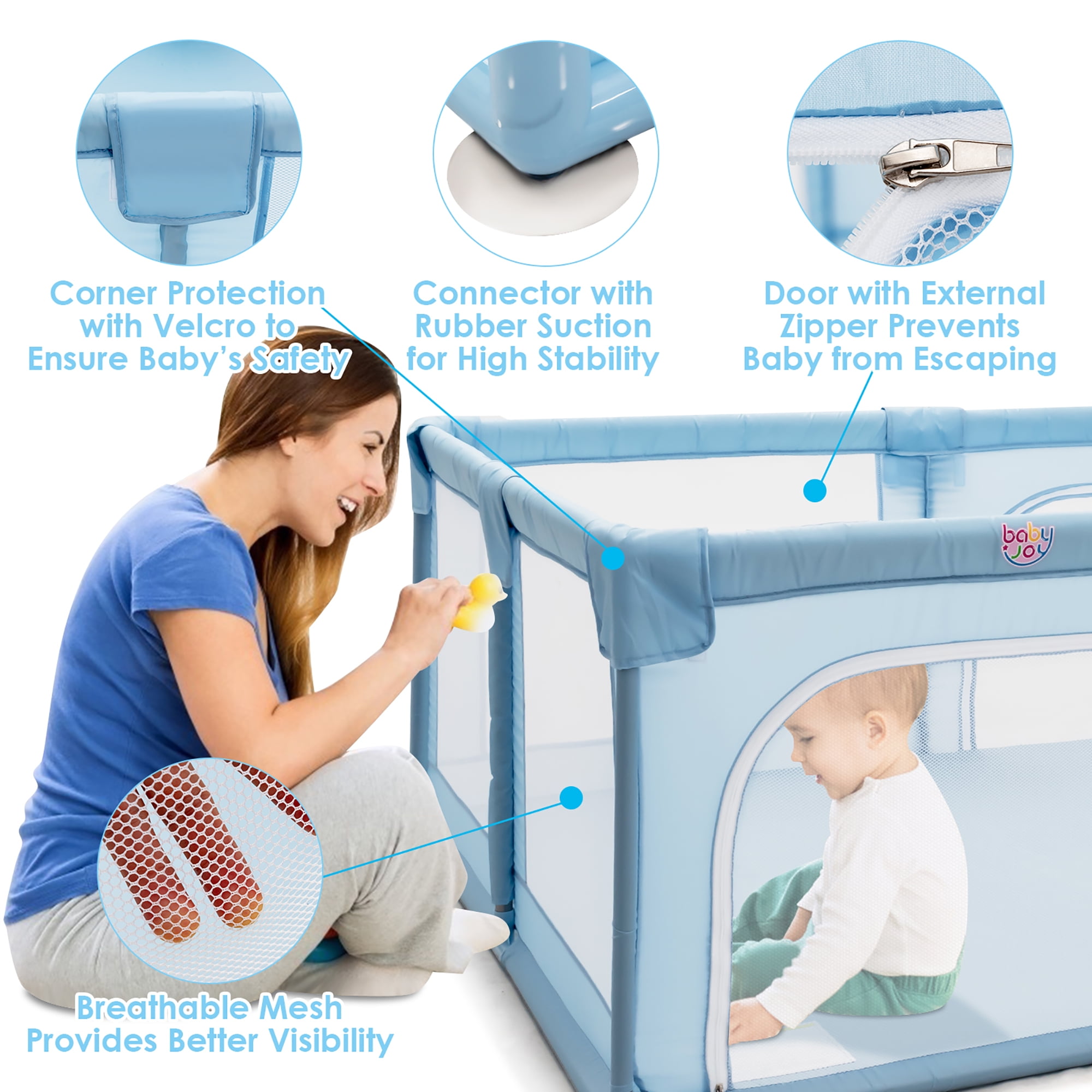 Costway Playpen Extra Large Unisex Kids Baby Activity Center Safety Play Yard with Gate Blue - Image 3