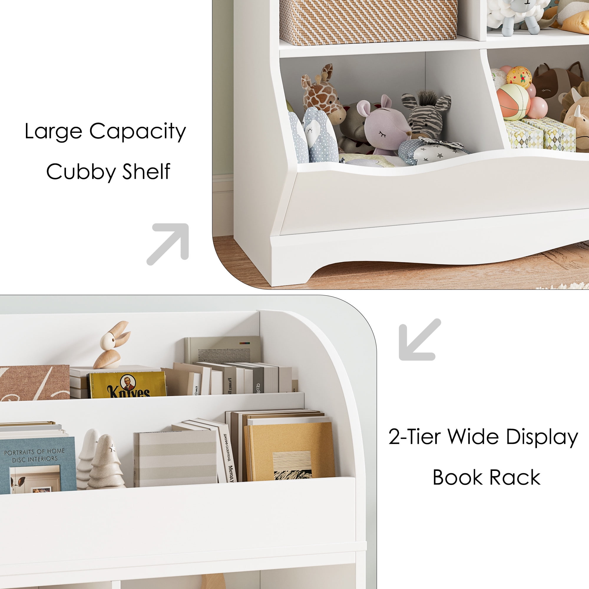 Homfa Kids Bookcase with Book Rack, Wood Cube Toy Storage Cabinet with 4 Bins for Kidsroom Playroom, White - Image 2
