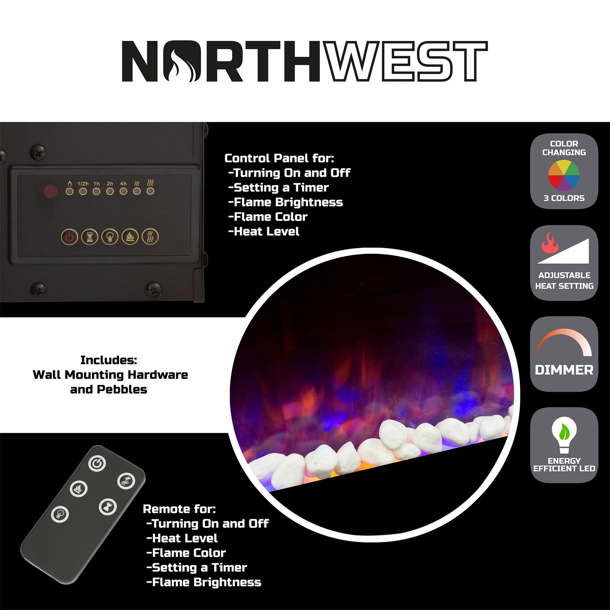 Northwest 54-inch Modern Wall-Mount Electric Fireplace with Remote (Black) - Image 2