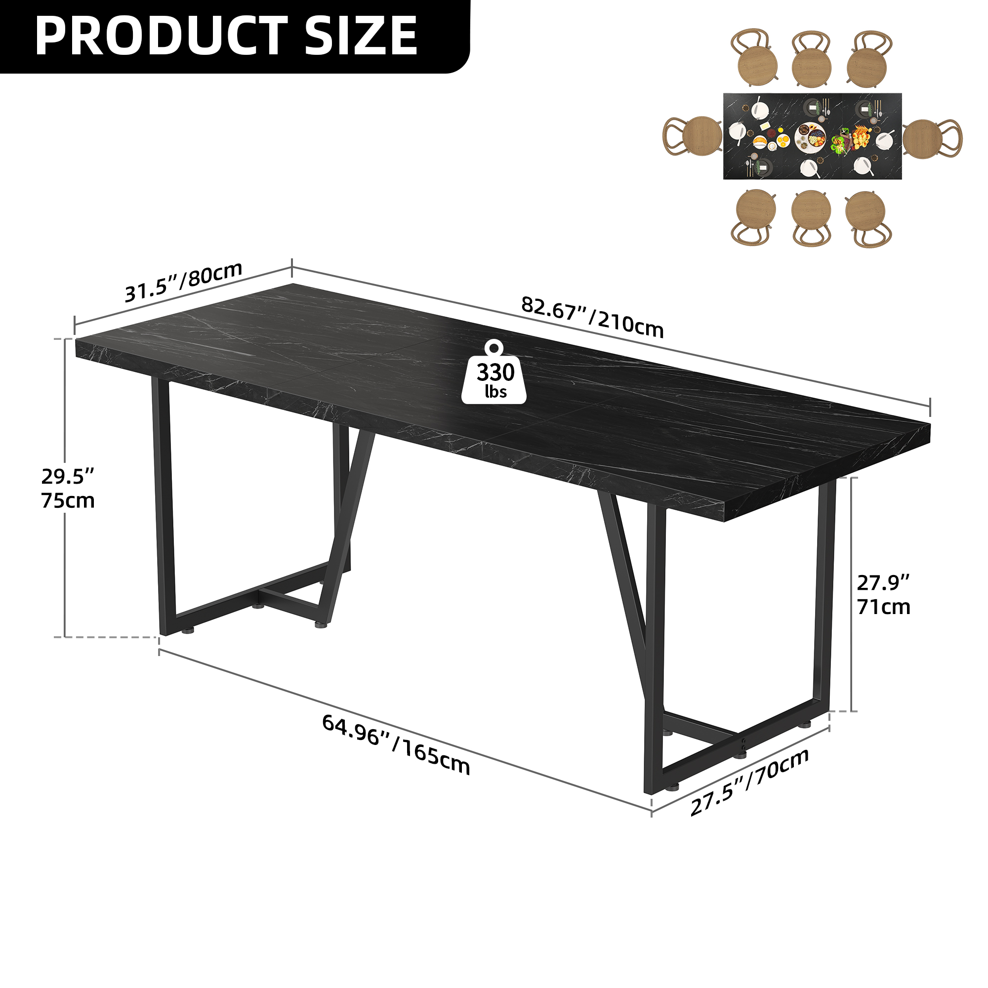 Dextrus Modern Dining Table, 82 inches Rectangle Dinner Table for 6-8 People, Faux Marble Large Kitchen Table with Gold Metal Legs for Dinner Room Kitchen, Black - Image 3