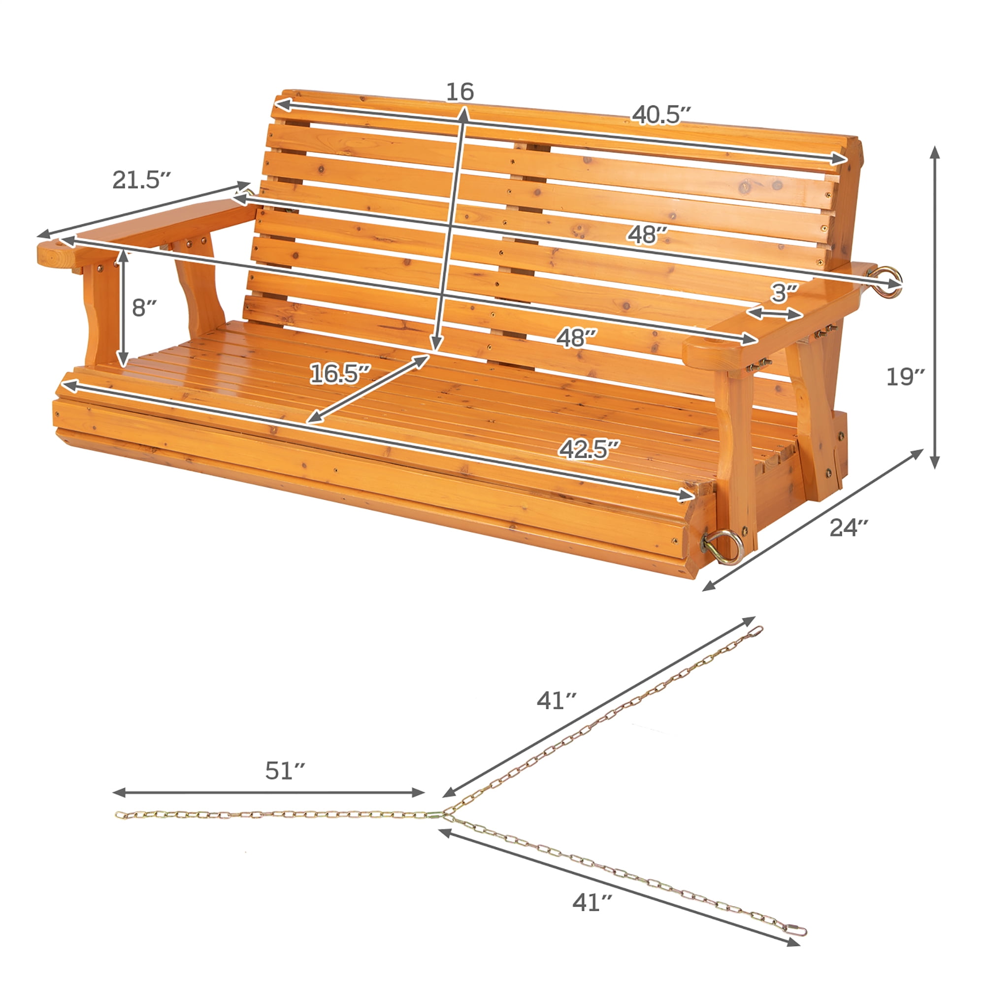 Costway Porch Swing Wood Outdoor Patio Hanging Bench Chair for Garden Backyard orange - Image 7