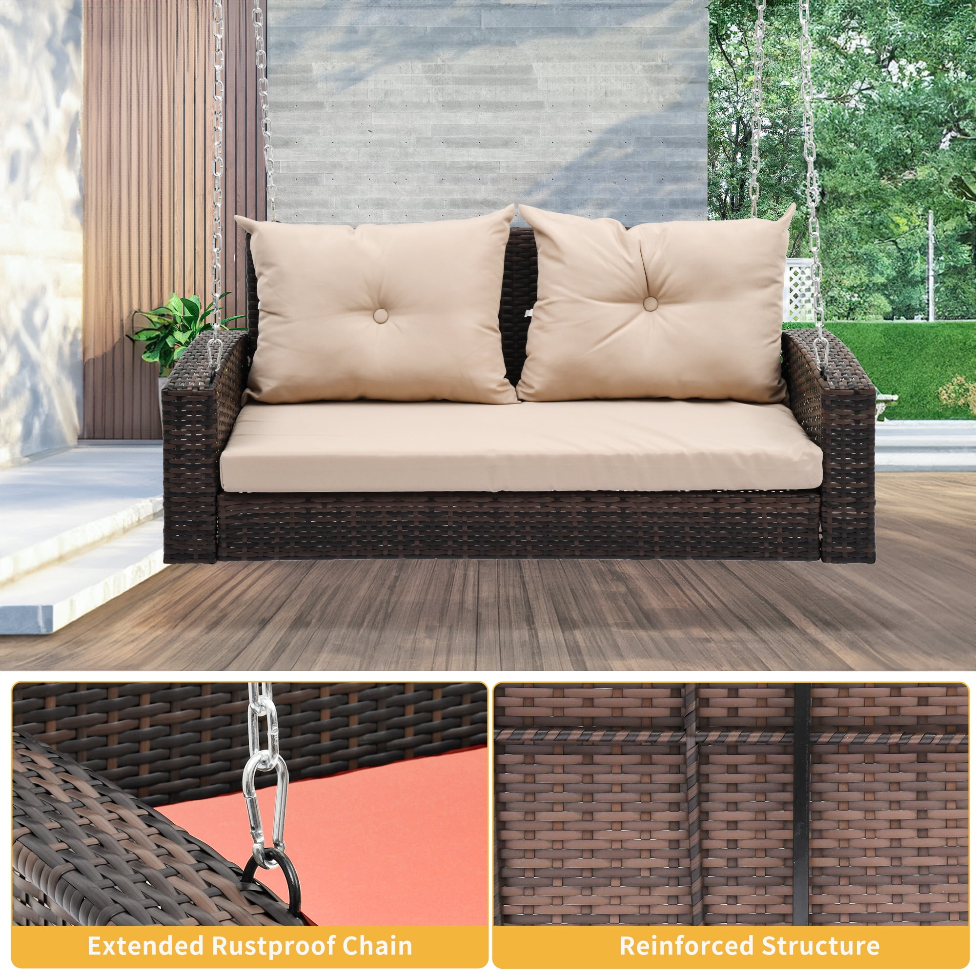 Dextrus Wicker Hanging Porch Swing Chair Outdoor Brown Rattan Patio Swing Lounge w/ 2 Back Cushions Capacity 530lbs for Garden, Balcony, Living Room, Beige - Image 5
