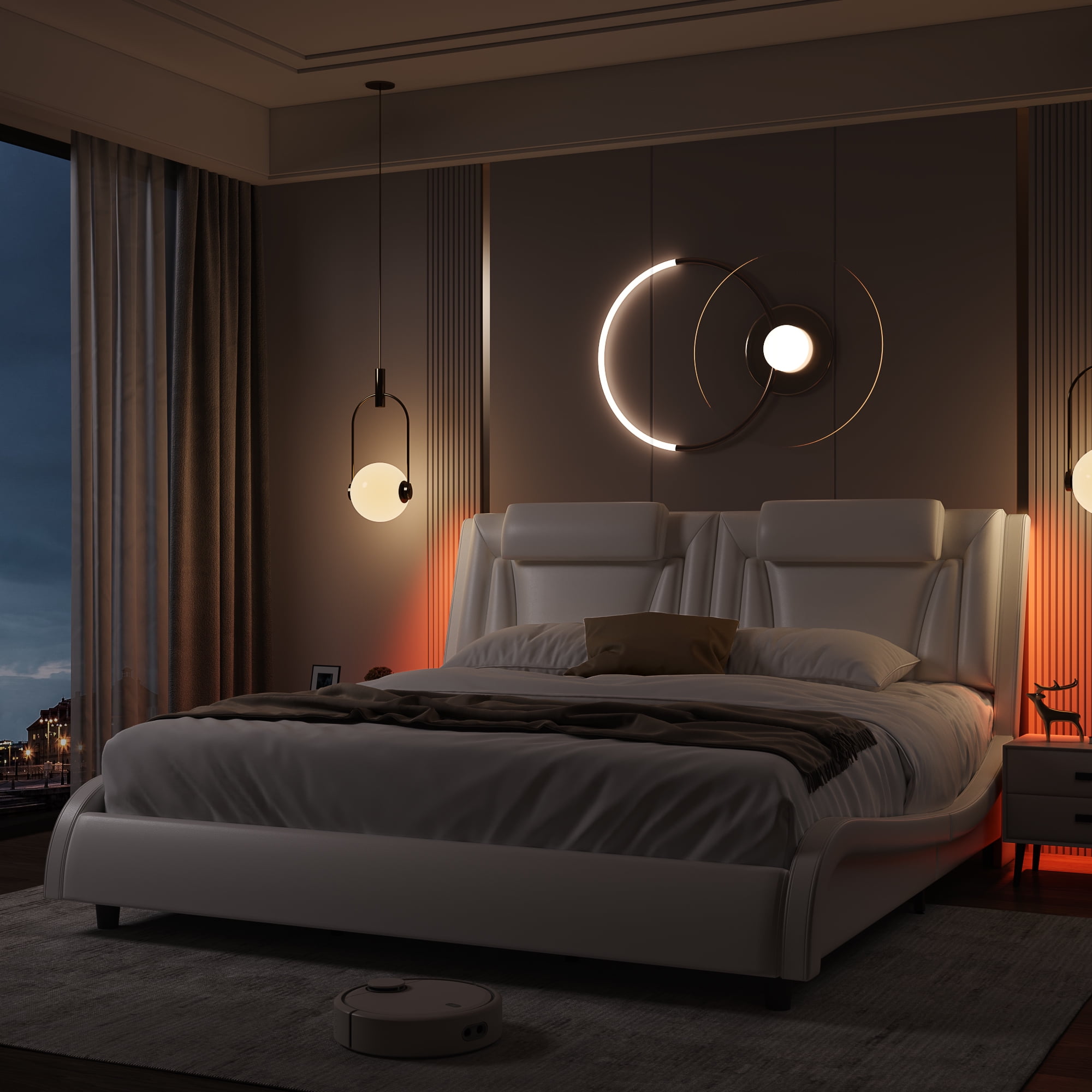 Homfa Queen Bed Frame with Adjustable LED Headboard, PU Leather Curved Upholstered Platform Bed Frame, White - Image 10