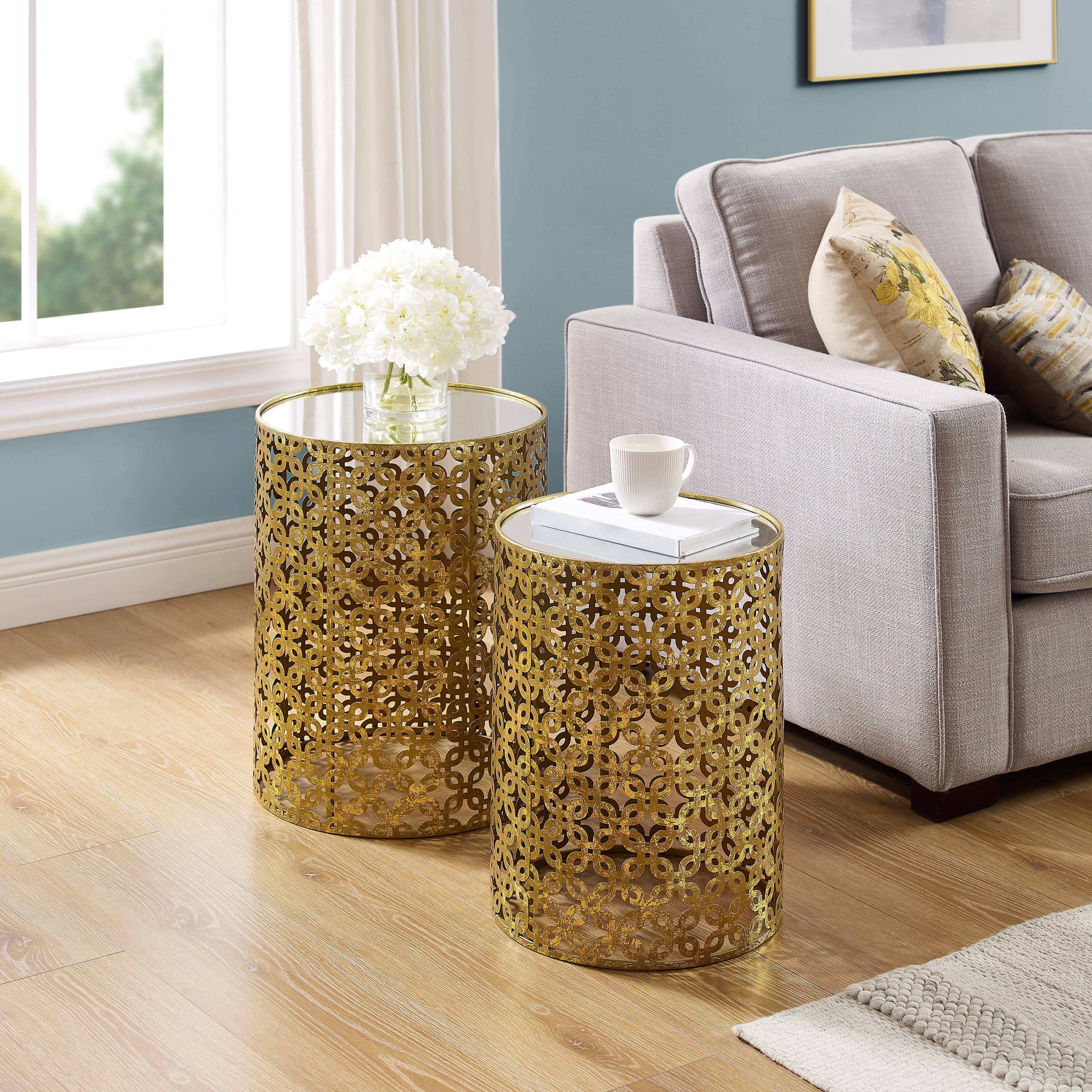 Linon Geometric Metal Nesting Table Set in Gold - Image 3