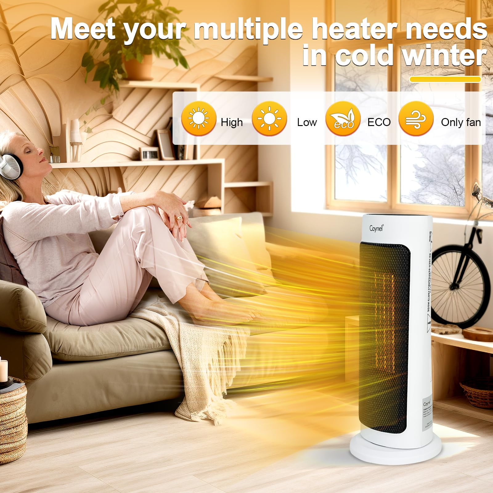 Caynel Oscillating Tower Ceramic Heaters, Electric Space Heater for Home with Thermostat 12-Hour Timer, 1500W, White - Image 5