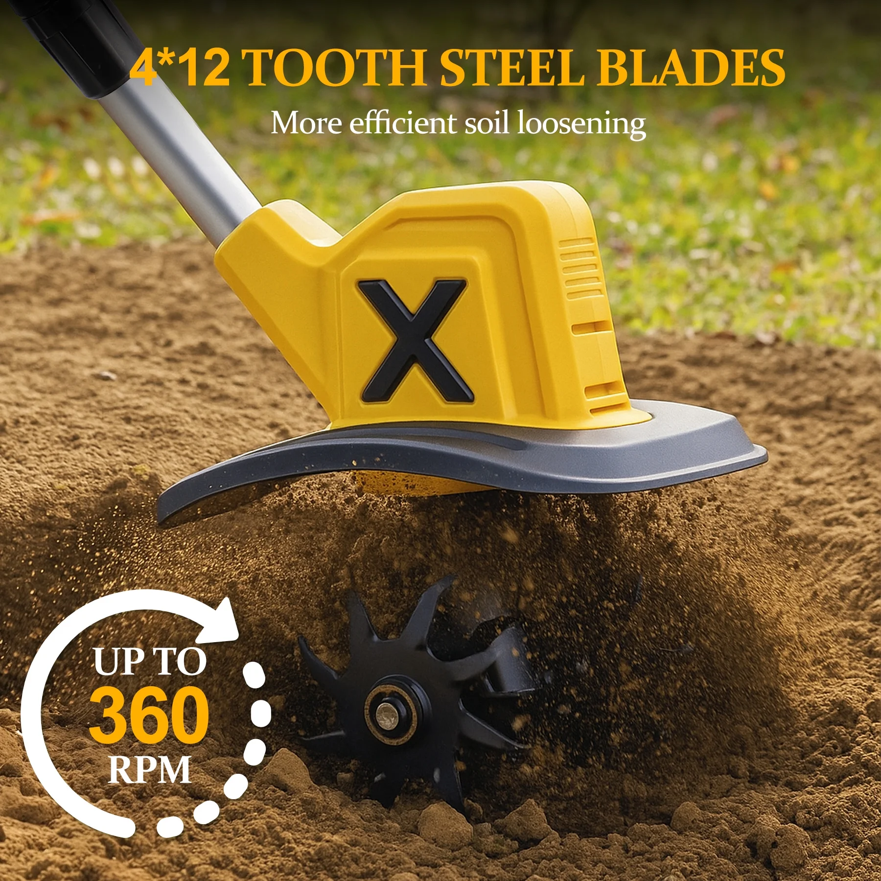 21V Cordless Tiller Cultivator with 2 * 3.0Ah Batteries & Charger, 9In Tilling Width and 6.7In Depth Garden Rototiller for Lawn/Gardening/Soil Cultivation - Image 3