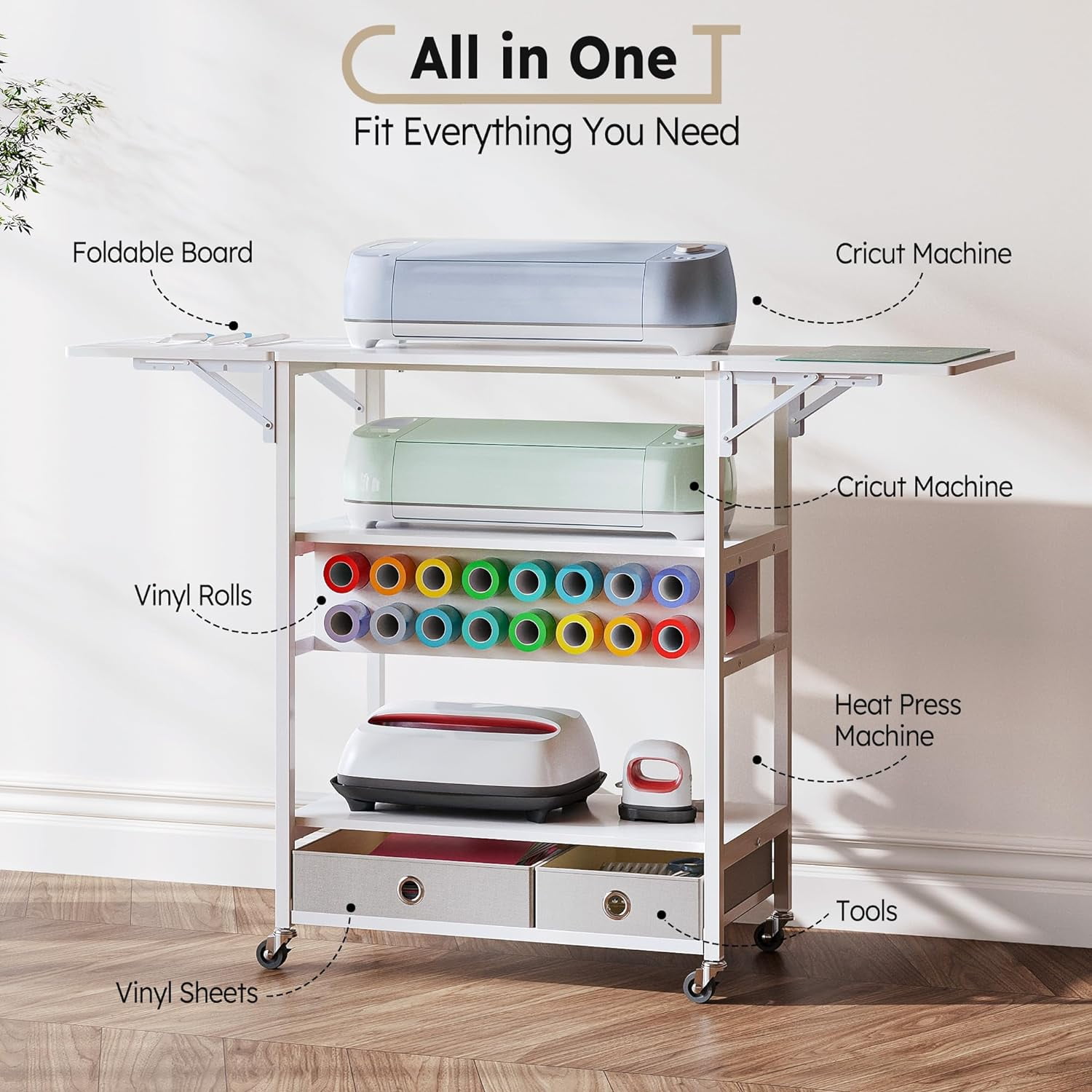 Crafit Circut Table Craft Table Foldable Sewing Table with 16 Vinyl Roll Holder and 2 Storage Drawer - Image 2