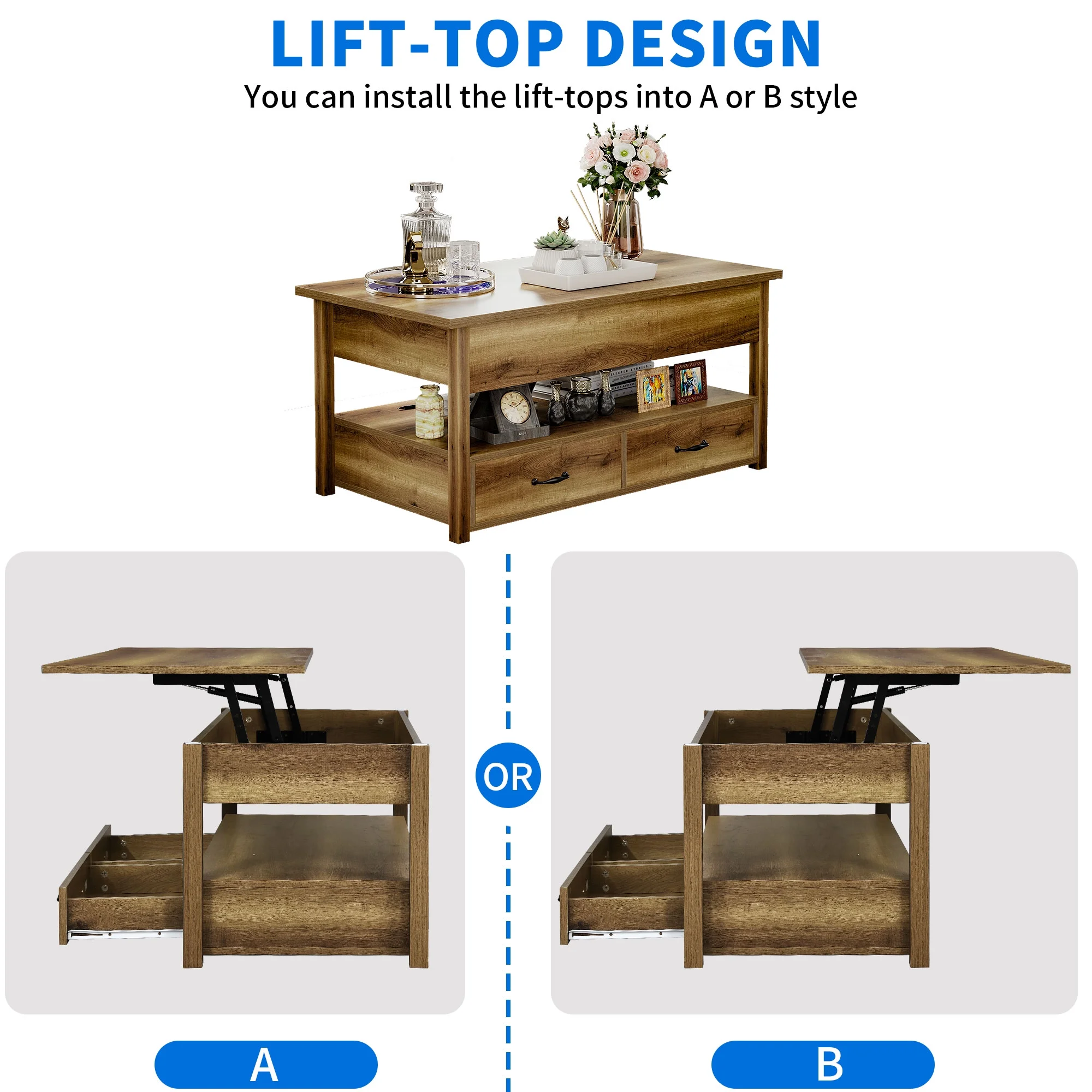 Dextrus Wood Lift Top Coffee Tables with 2 Storage Drawers for Living Room Office, Rustic Brown - Image 2