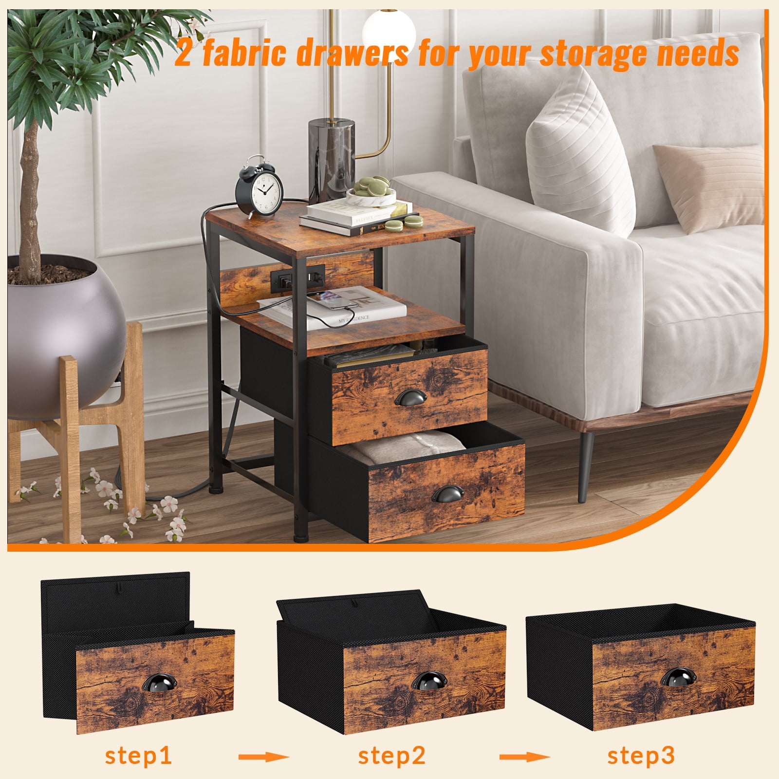 Furologee Set of 2 Nightstands, End Table with Charging Station, Bedside Tables with 2 Fabric Drawers, Night Stands with USB Ports & Power Outlets for Bedroom/Living Room/Hallway - Image 9