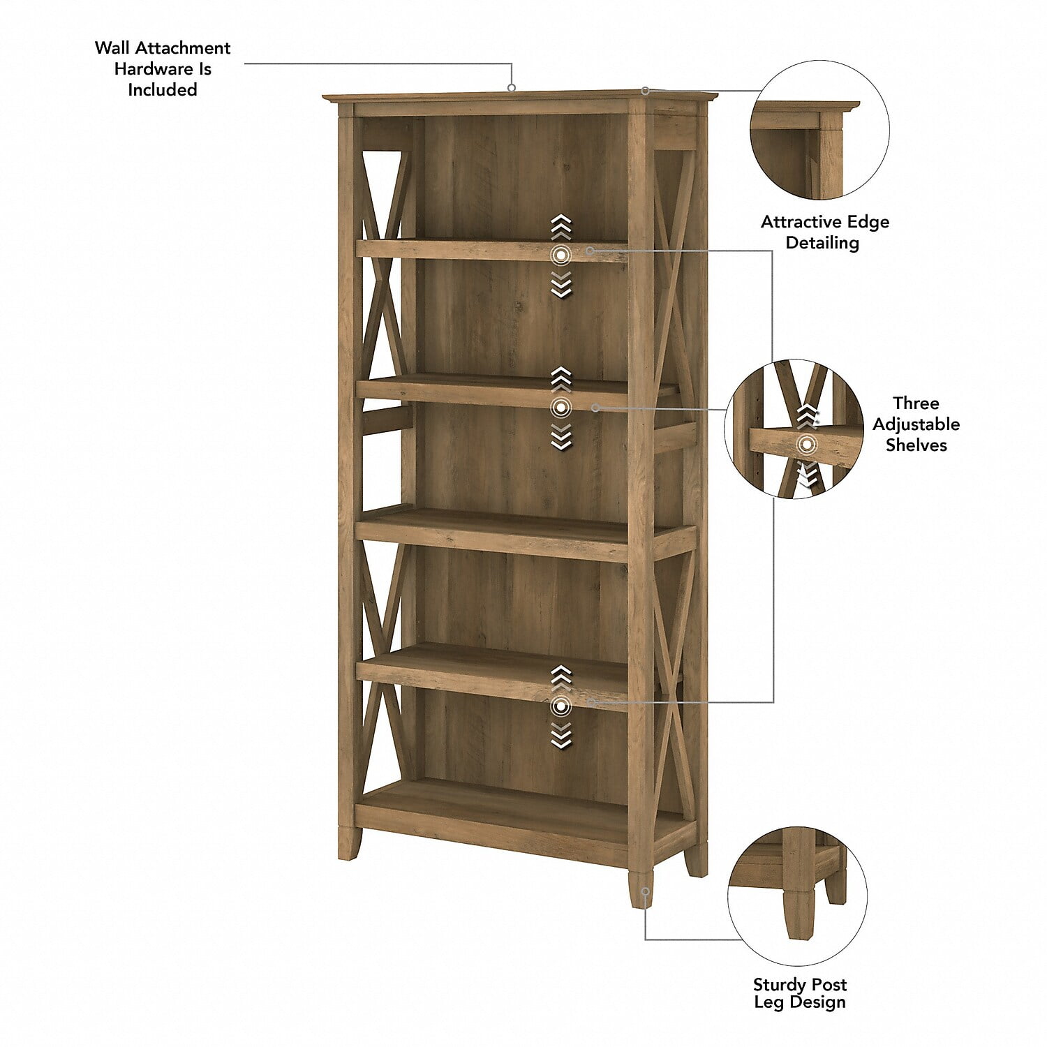 Bush Furniture Key West Tall 5 Shelf Bookcase, Reclaimed Pine - Image 5