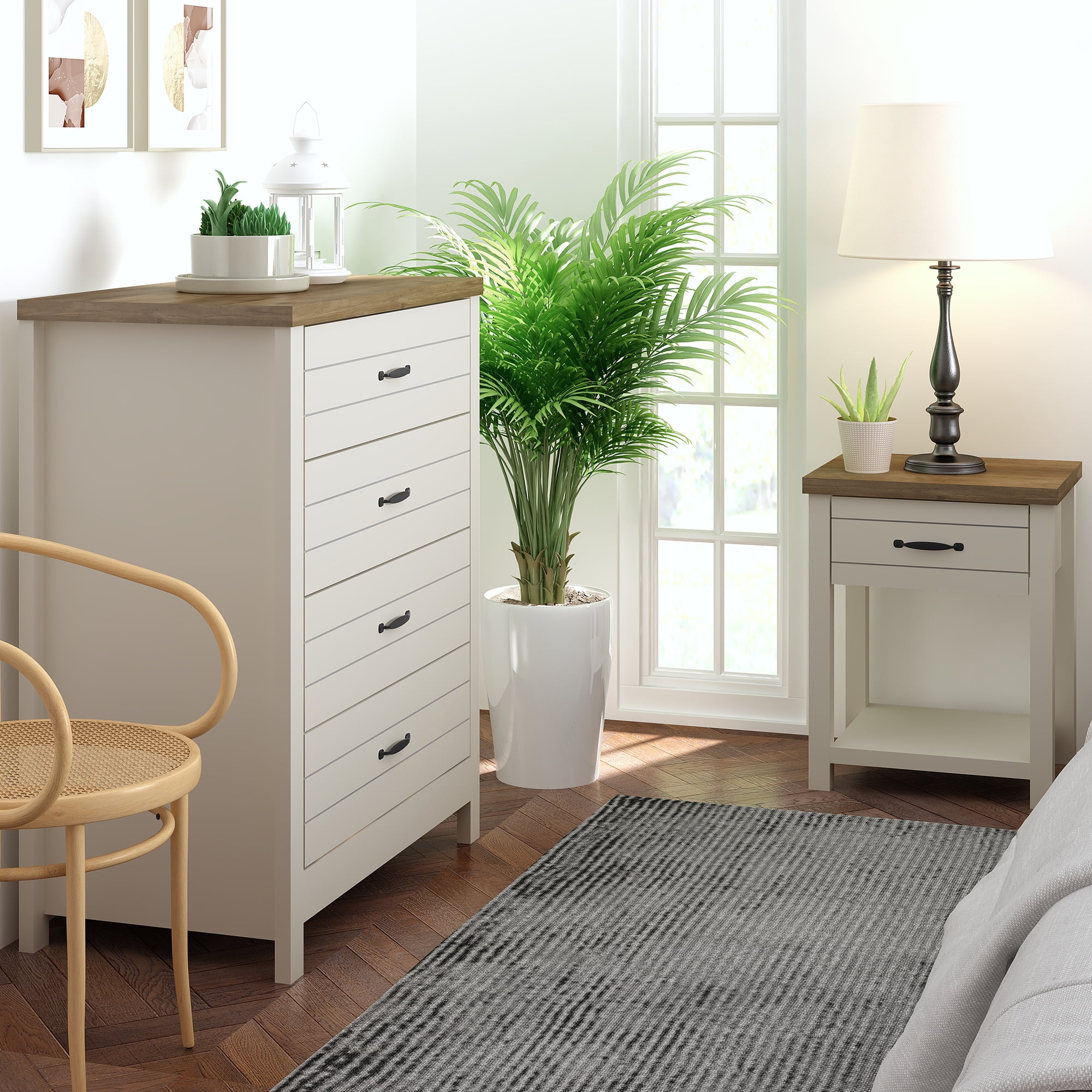 Hillsdale Lancaster Farmhouse Oak Top 1 Drawer Nightstand, Set of 2, Ivory - Image 2