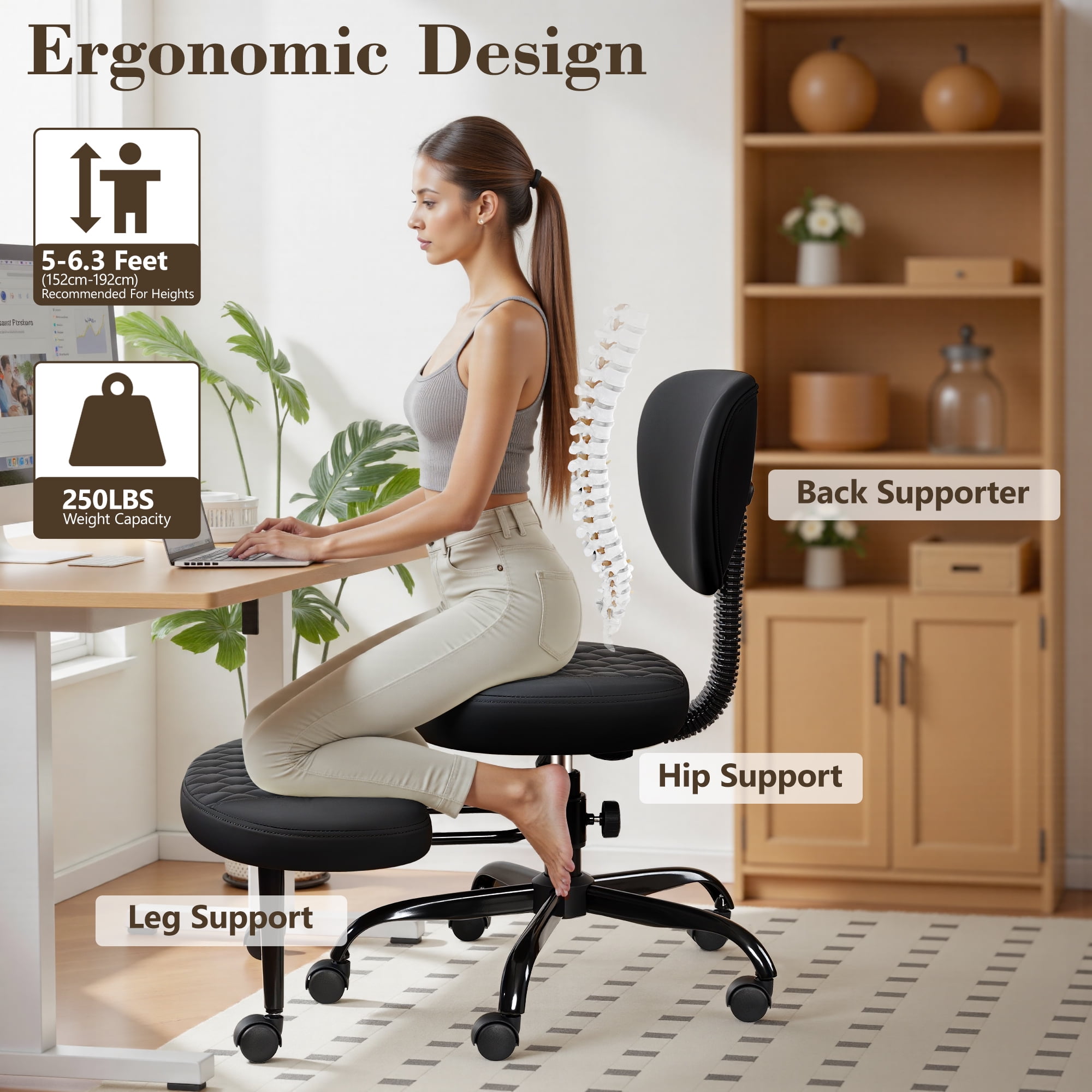 COOLHUT Cross Legged Chair, Ergonomic Adult ADHD Office Chair, Height Adjustable Yoga Office Chair, Meditation Chair with Lumbar Support, Home Office Kneeling Chair, Black - Image 8