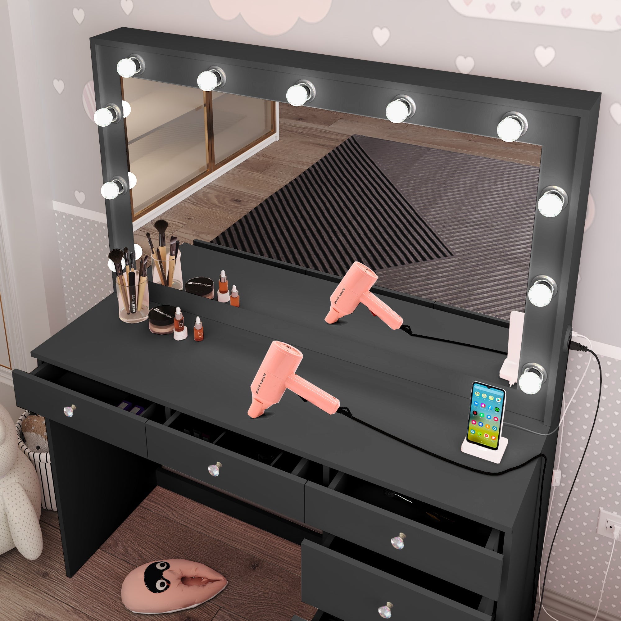 Ember Interiors Modern Black Painted Makeup Vanity Table with Crystal Knobs for Bedroom - Image 3