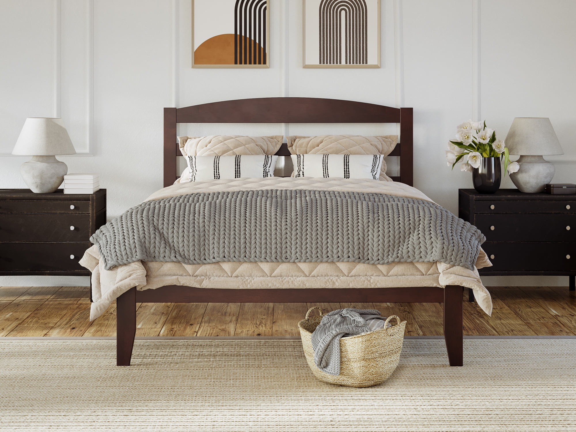 AFI Warren 14" Queen Wood Platform Bed Frame with Slatted Headboard, Walnut - Image 4