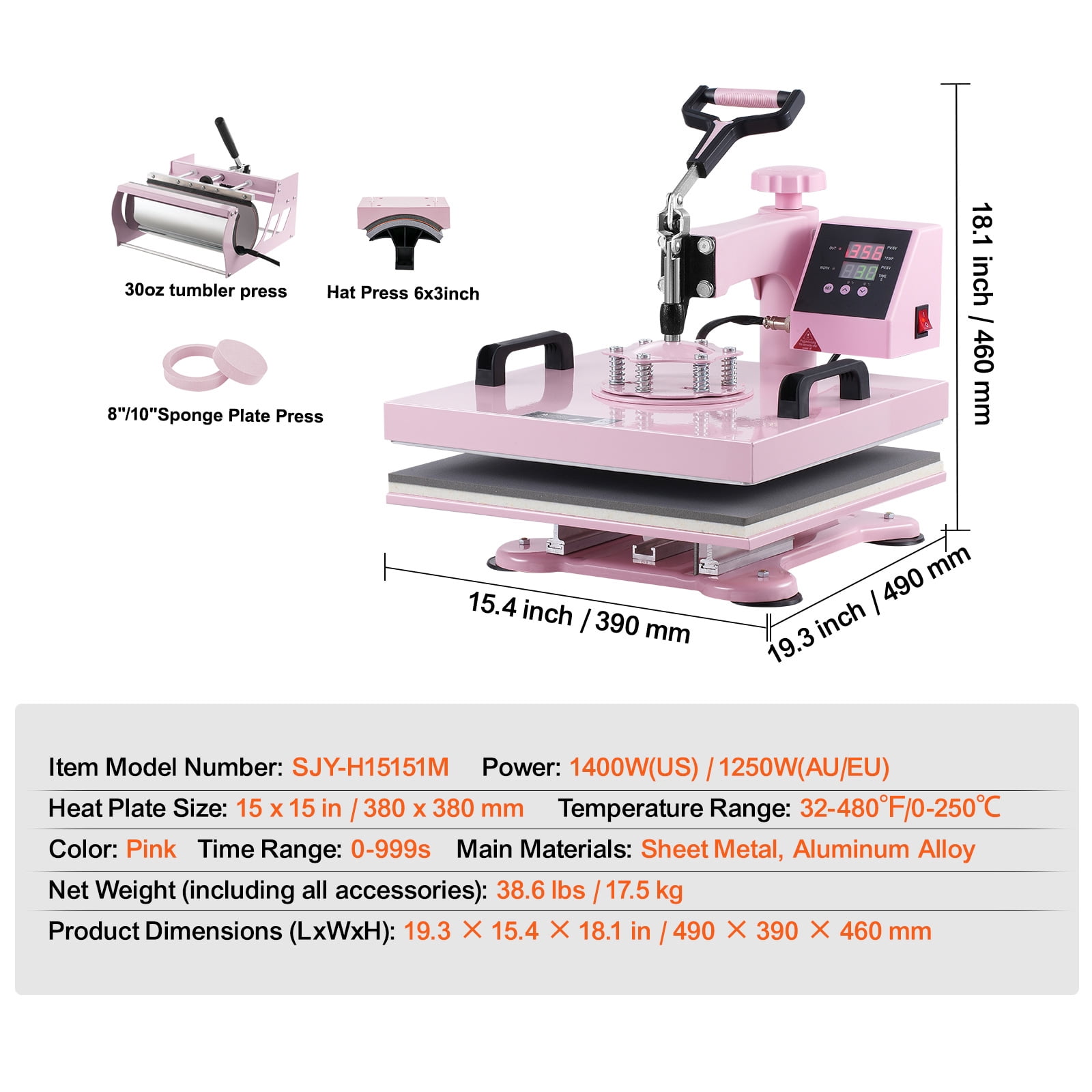 SKYSHALO Heat Press, 15x15 inch, 5-in-1 Transfer Tool with 30 oz Cup Press, Swivels 360° for T-Shirt/Mug/Hat/Plate Crafting, Digital Control, Pink - Image 3