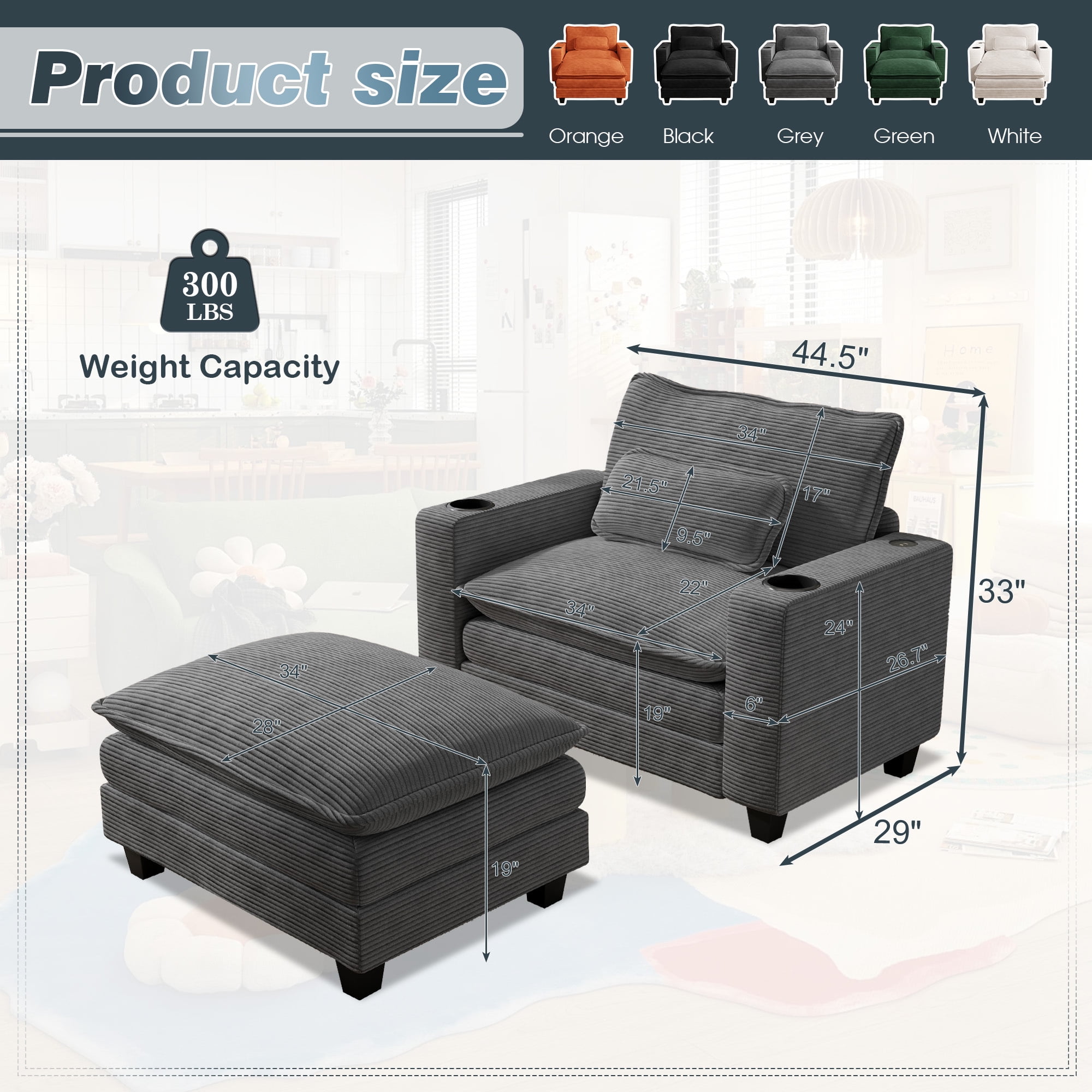 Lunale Oversized Lounge Chair & Ottoman Set - 45.5" Cloud Corduroy Accent Armchair with USB/Cup Holder for Modern Living/Bedroom, Dark Gray - Image 7