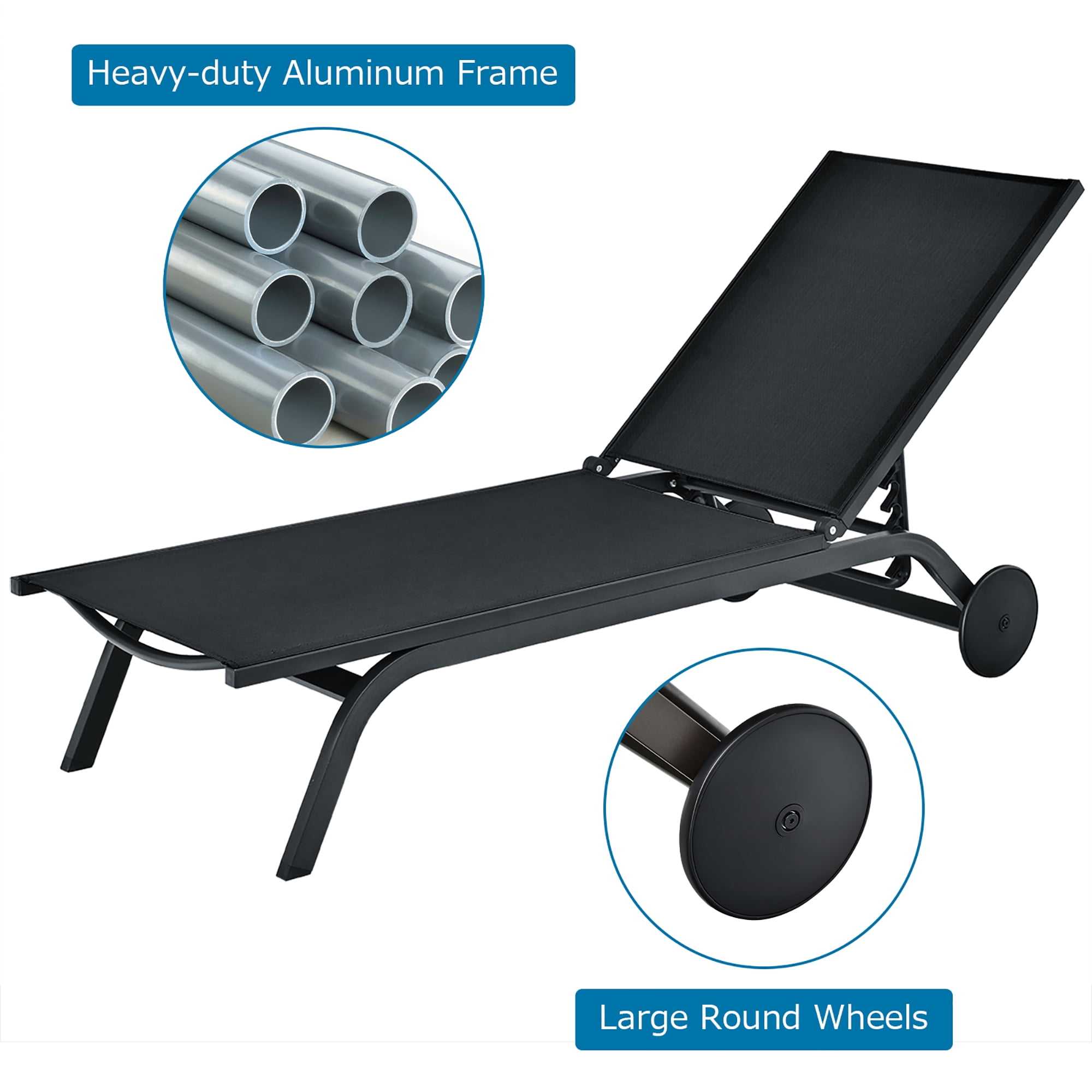 Costway Outdoor Lounge Chair Chaise Reclining Aluminum Fabric Adjustable Black - Image 2