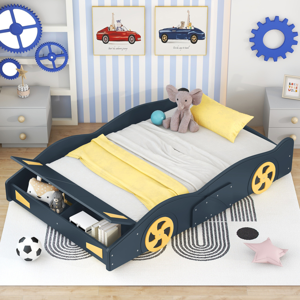 Full Size Modern Race Car-Shaped Platform Bed with Wheels and Storage, Solid Wood Platform Bed Frame with Sturdy Slat Support for Kids, Boys, Girls(Dark Blue) - Image 3