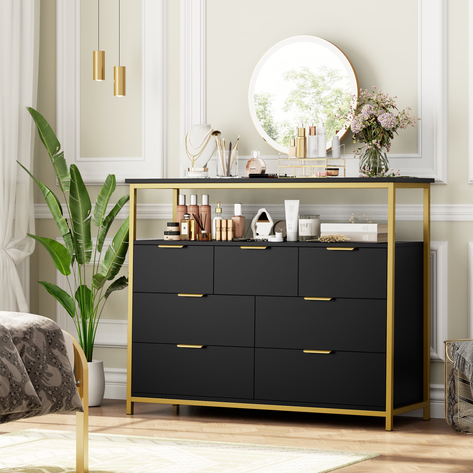 Homfa 7 Drawer Double Dresser for Bedroom, Modern 2 Tier Display Shlef Wood Storage Cabinet with Sturdy Metal Frame for Living Room Small Spaces, Black - Image 2
