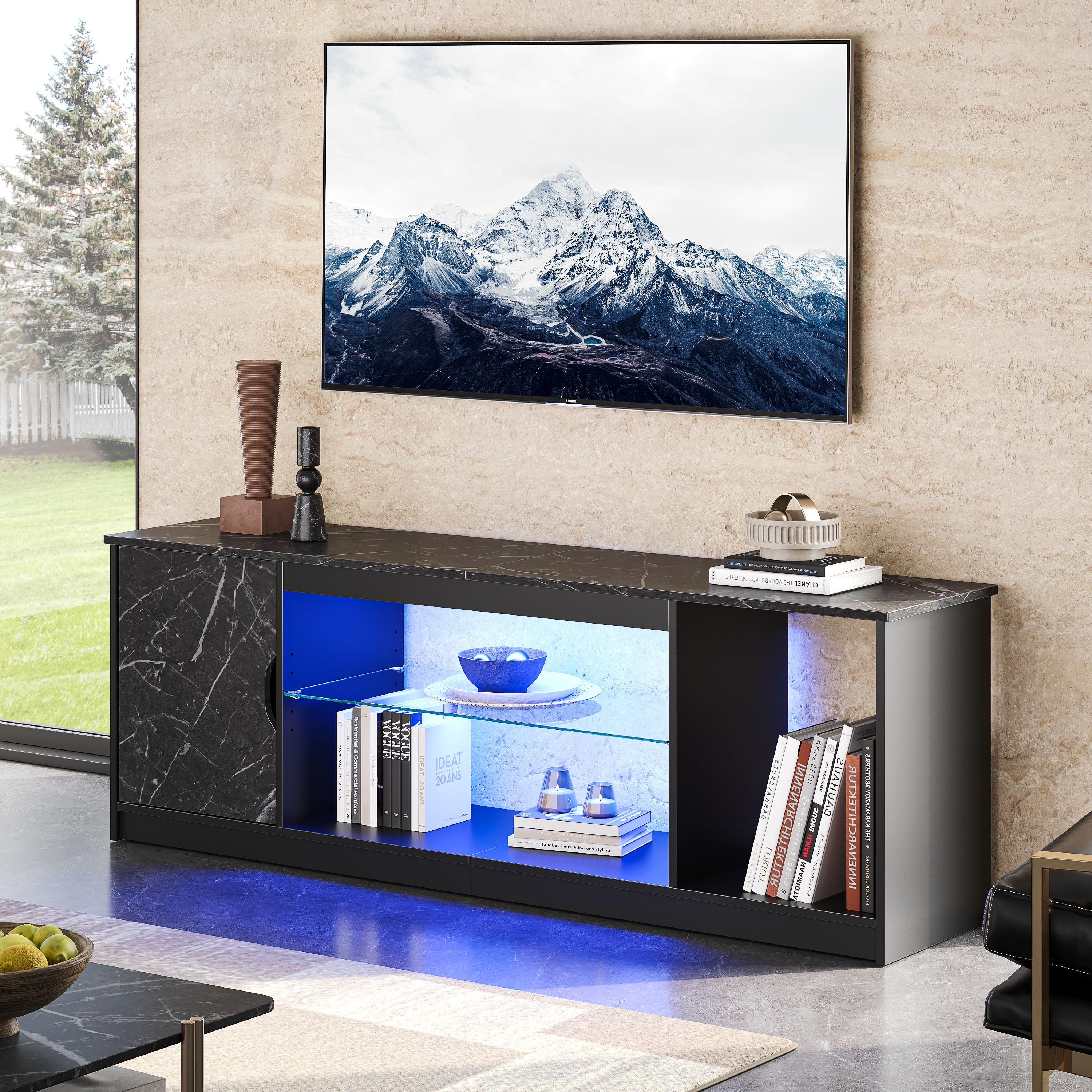 Bestier LED TV Stand for 60/65 inch TV PS5 Gaming Entertainment Center for TVs with Storage Cabinet for Living Room, Black Marble - Image 6