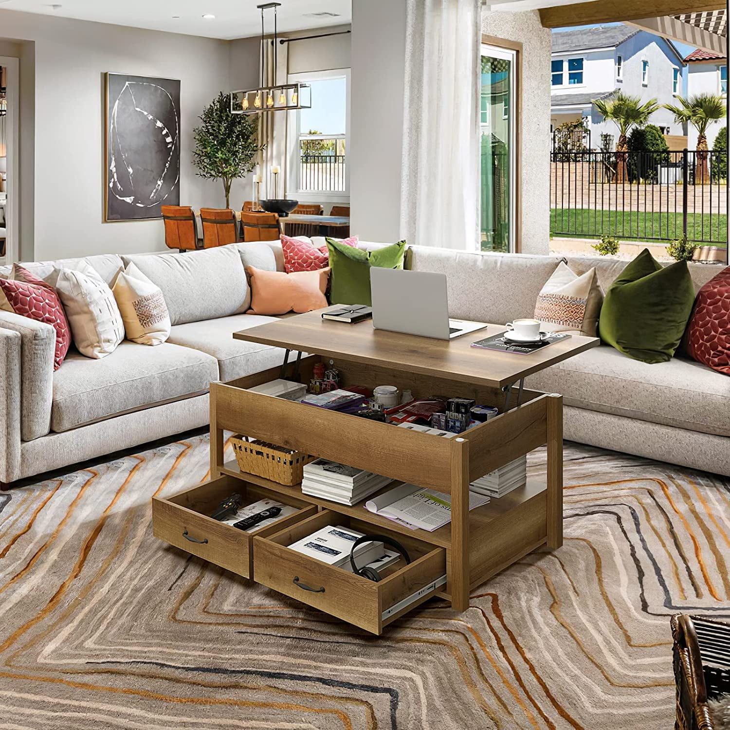 DEXTRUS Wood Lift Top Coffee Tables with 2 Storage Drawers & Hidden Compartment for Living Room Office, Rustic Brown - Image 3