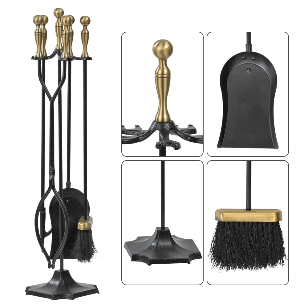Amagabeli 5 Pieces Fireplace Tools Sets Brass Handles Wrought Iron Set and Holder Indoor Outdoor Fireset Fire Pit Stand Rustic Tongs Shovel Brush Chimney Poker Wood Stove Hearth Accessories Kit Large - Image 3