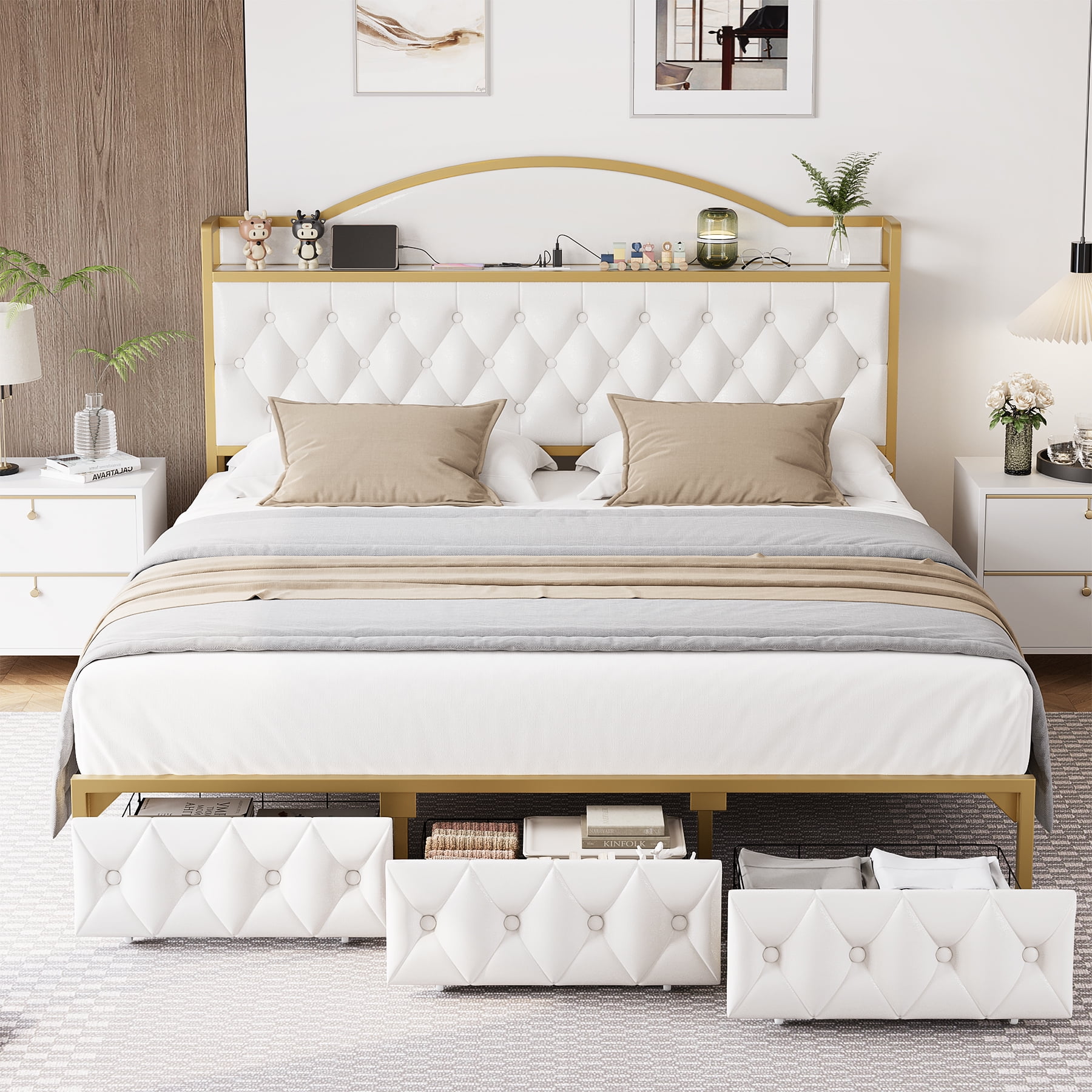 Homfa King Size Storage Bed with 3 Drawers, PU Leather Upholstered Bed with Shelving and Charging , White - Image 2