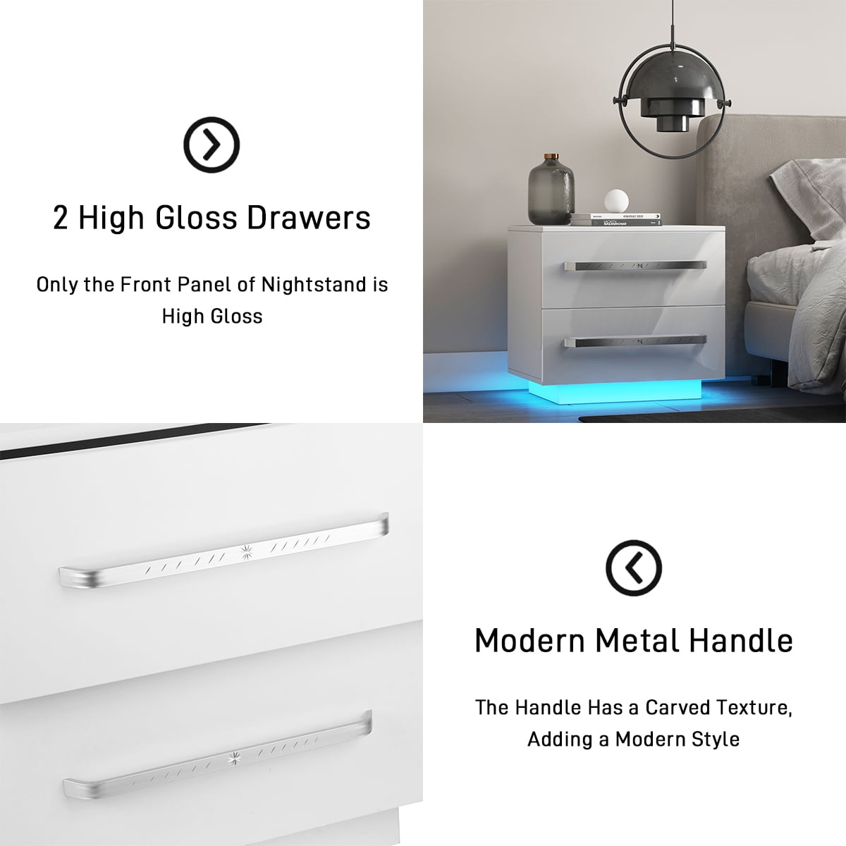 Hommpa Modern LED Nightstand with 2 Drawers High Gloss Bedside Table Led Lights White Night Stand with Handles Drawer Wooden Led End Side Table for Bedroom 19.7" Tall - Image 7