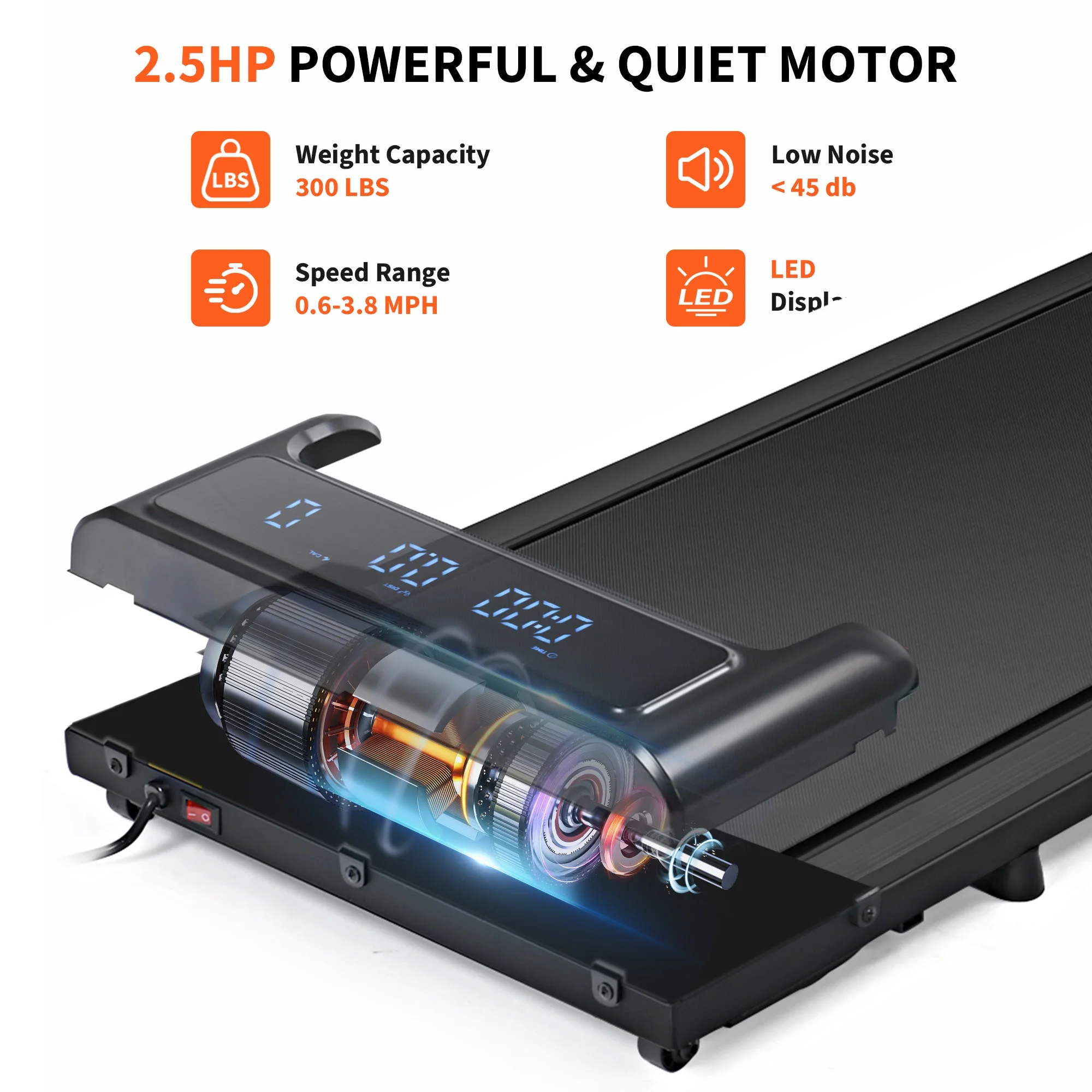 EUROCO 300LBS 2.5HP Walking Pad Under Desk Treadmill with 5-Layer Belt,Protable 2 in 1 Exercise Treadmill 0.6-3.8 mph Speed Range for Home Office Workout - Image 3