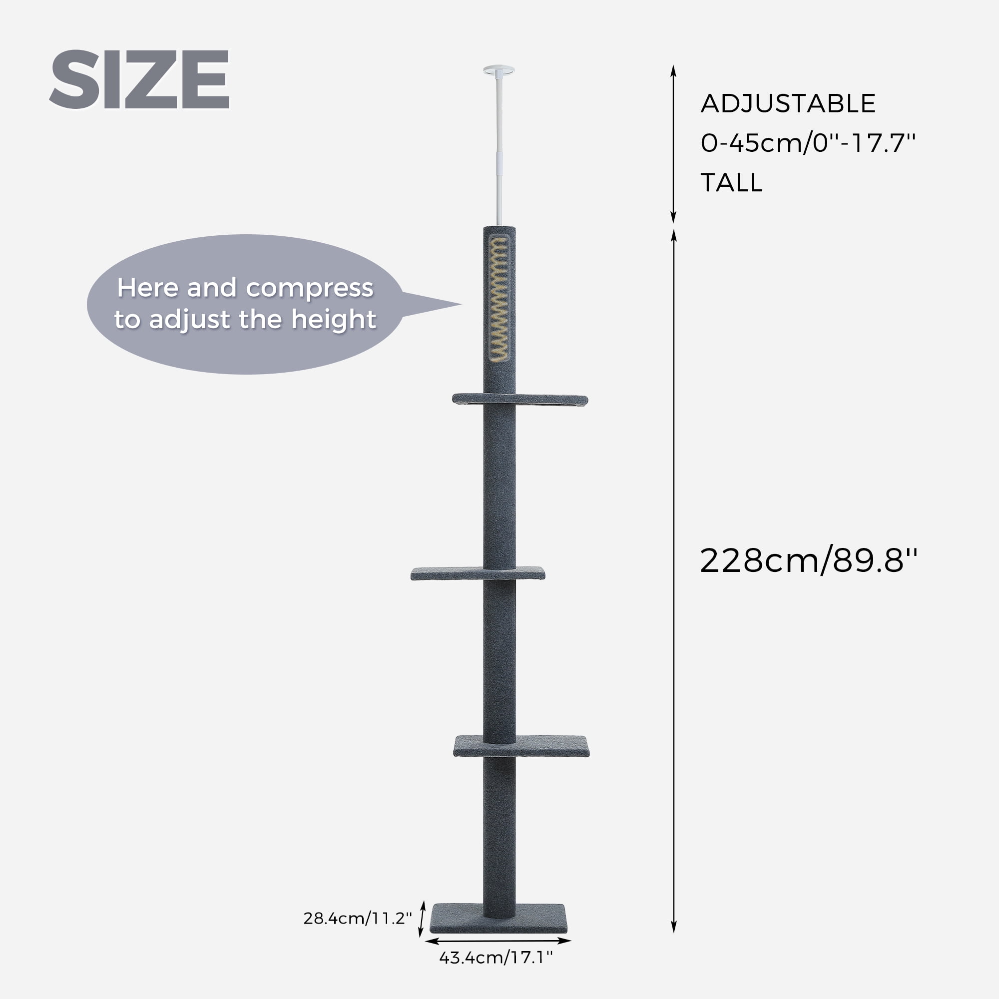 PAWZ Road 90-107" Floor to Ceiling Cat Tree Tower 4 Tier Tall Cat Climbing Posts Adjustable, Gray - Image 14