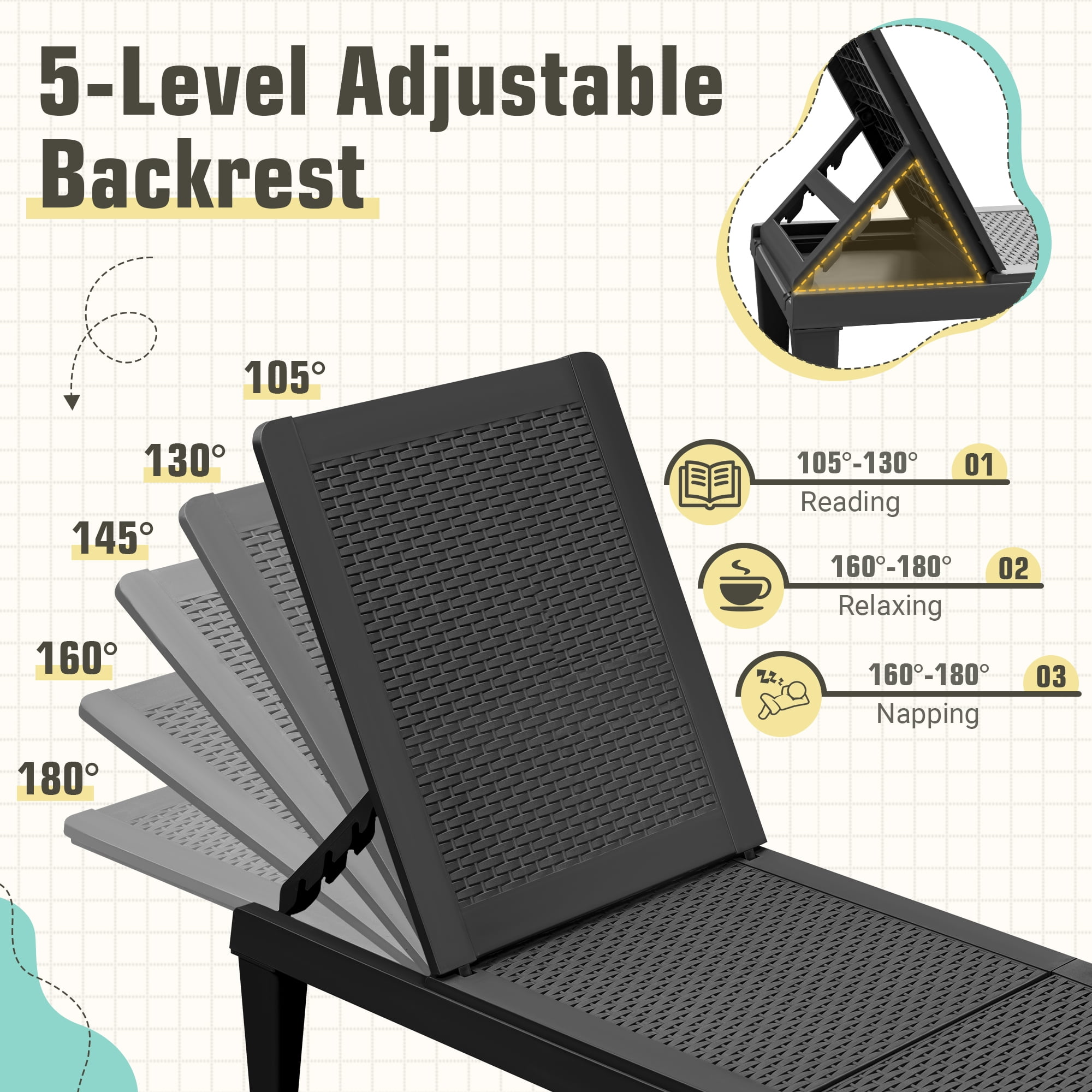 Vineego Modern Polypropylene Adjustable Backrest and Waterproof Chaise Lounge - Set of 2, Black - Image 7