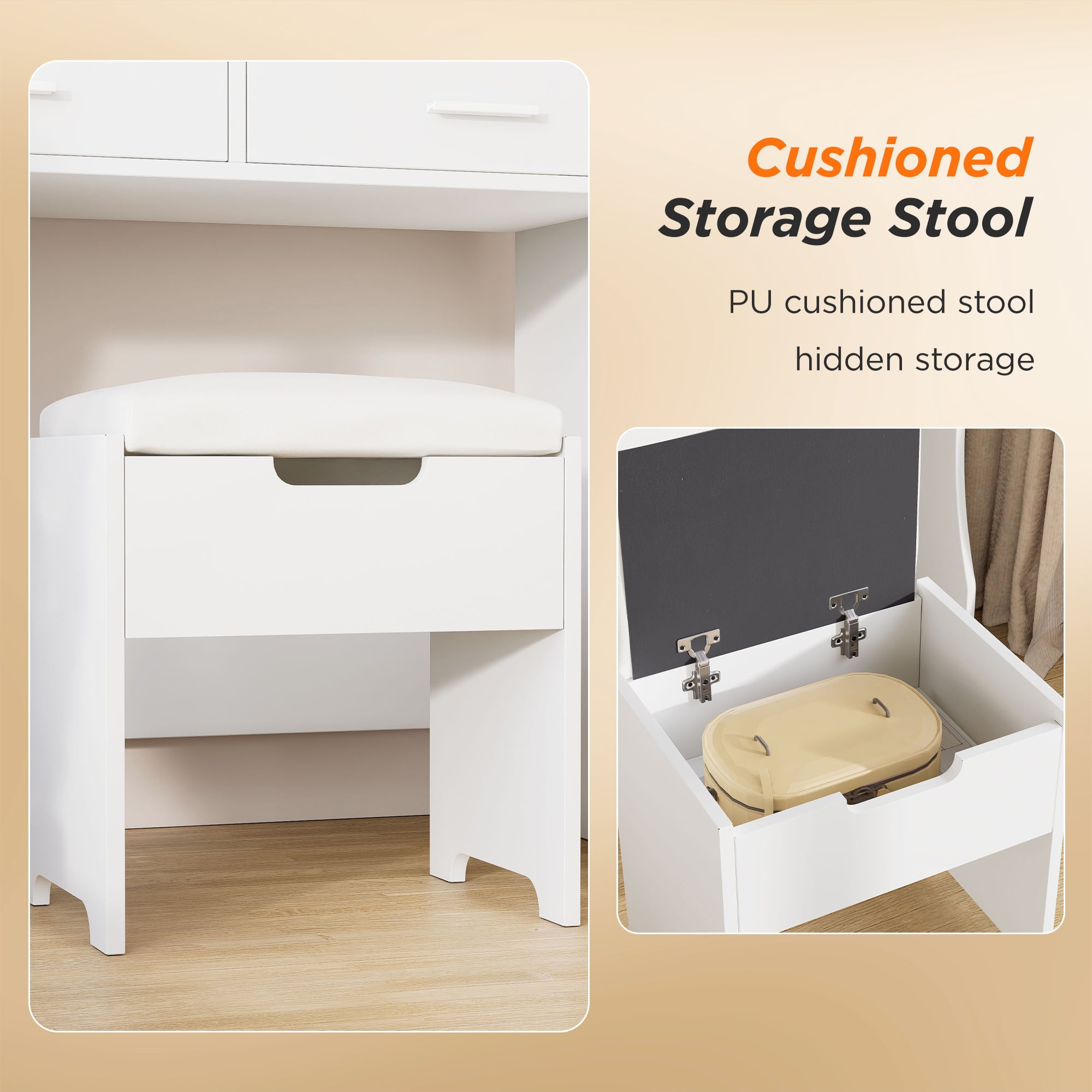 Modern Vanity Table Set with Lighted Mirror,Makeup Table with 2 Drawers & Power Strip,Dresser Desk for Girls, Women, White - Image 7