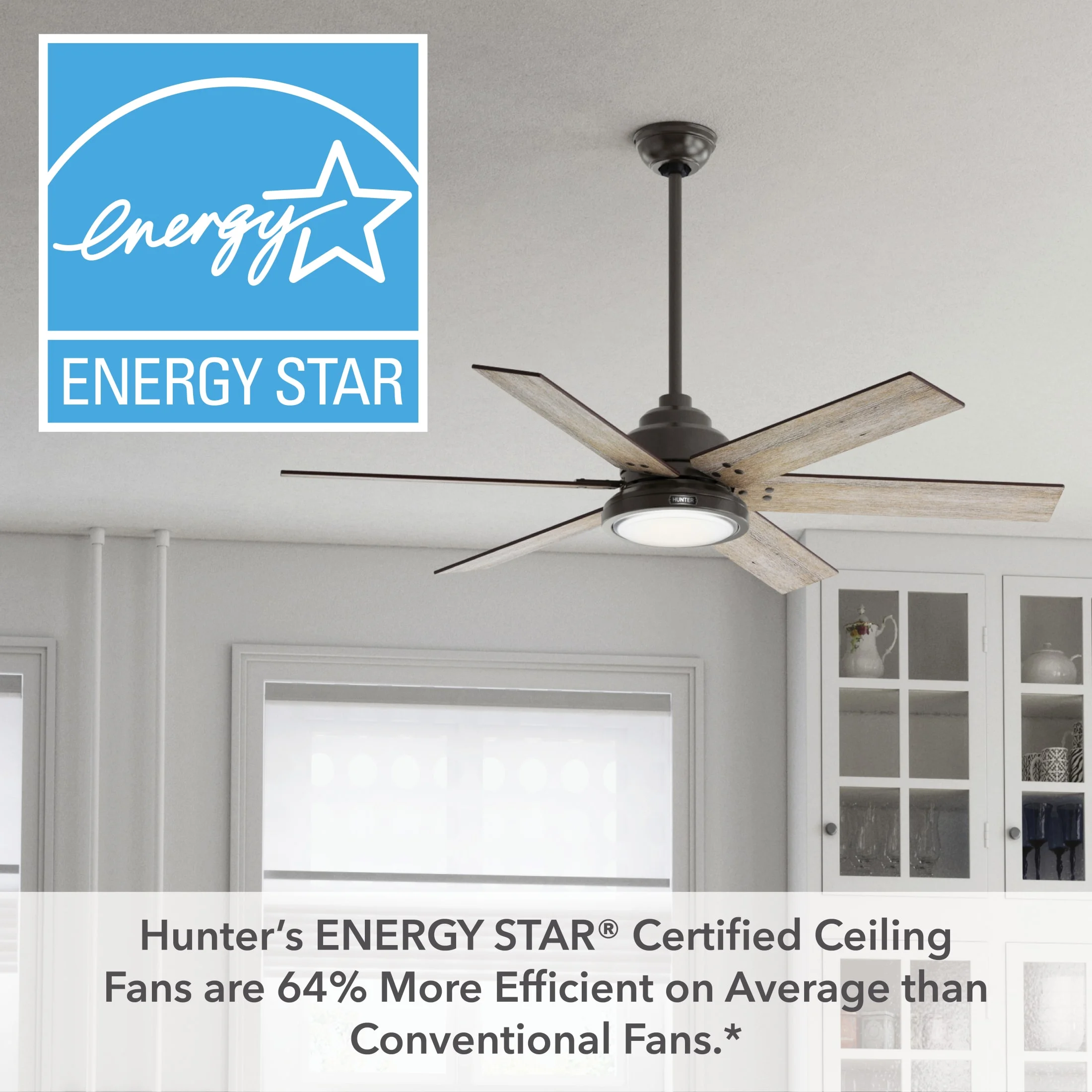 Hunter - Warrant Indoor Ceiling Fan With Light, Wall Control, 60-inch, Noble Bronze, Casual-style, 6-speed, Energy Star, 59461, for living rooms, bedrooms, home offices, kitchens - Image 6