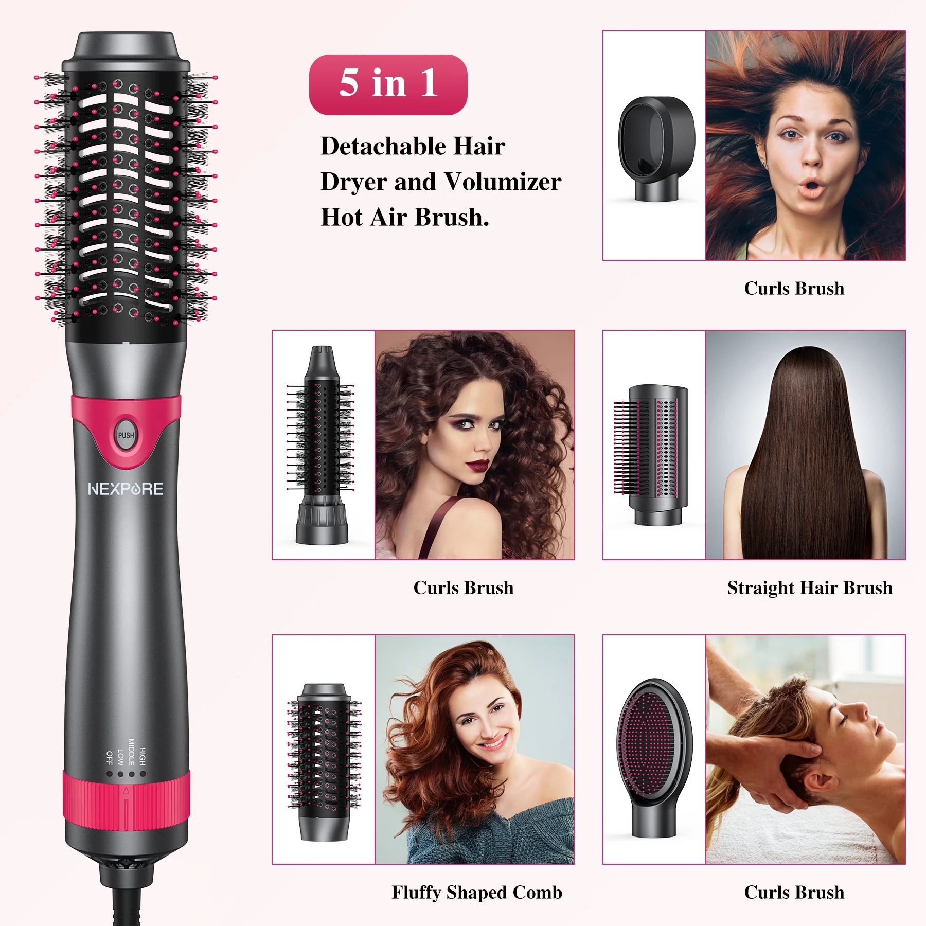NEXPURE Hair Dryer Brush Set, 1" 5 in 1 Hot Air Brush, Drying, Volumizer Hair Styling Tools, Gray - Image 4