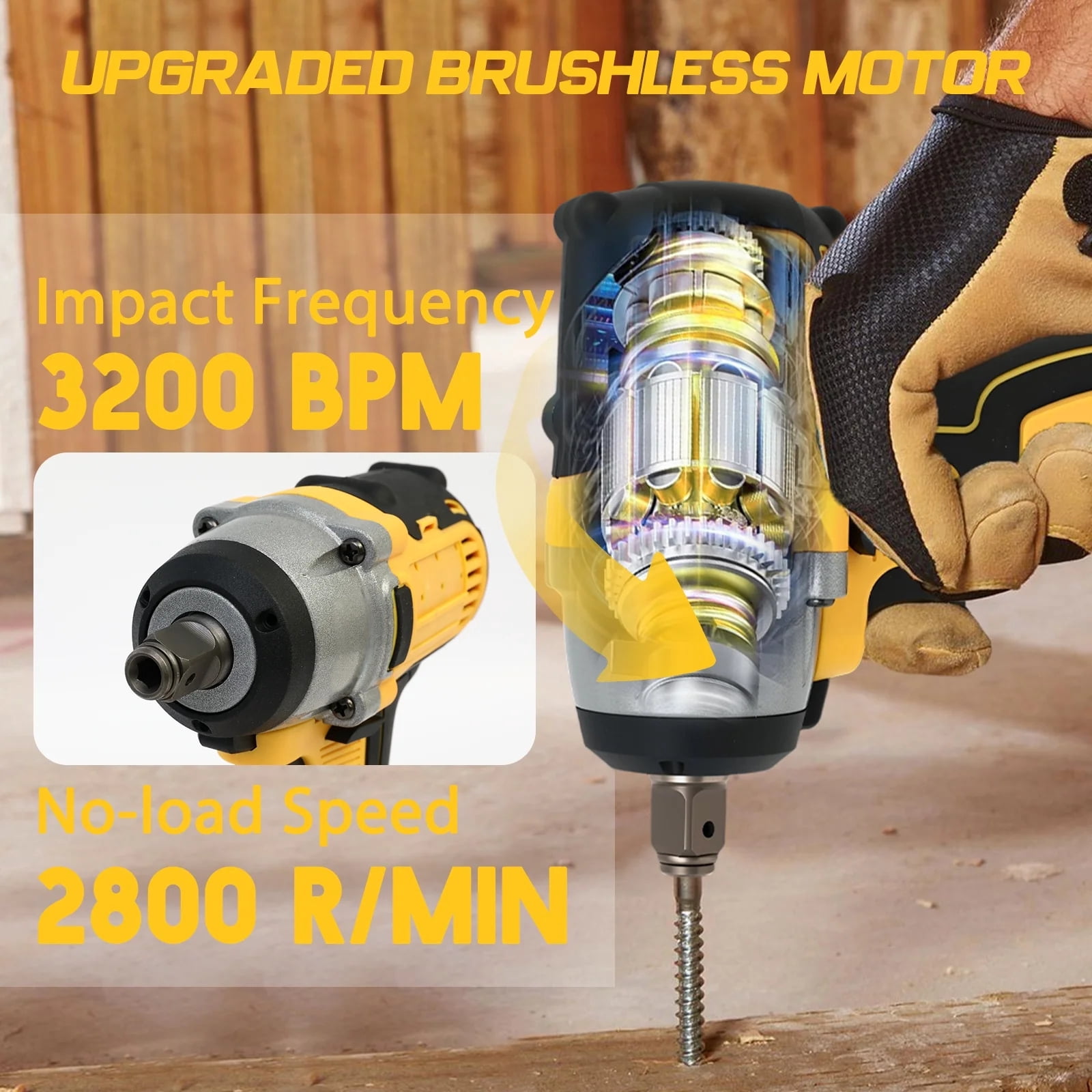 21V Cordless Impact Wrench with 2 Batteries,Brushless Motor 1/2" Impact Drill,Impact Gun Max Torque 280 ft lbs (380N.m),30Pcs Tool Set for Home,Yellow - Image 6