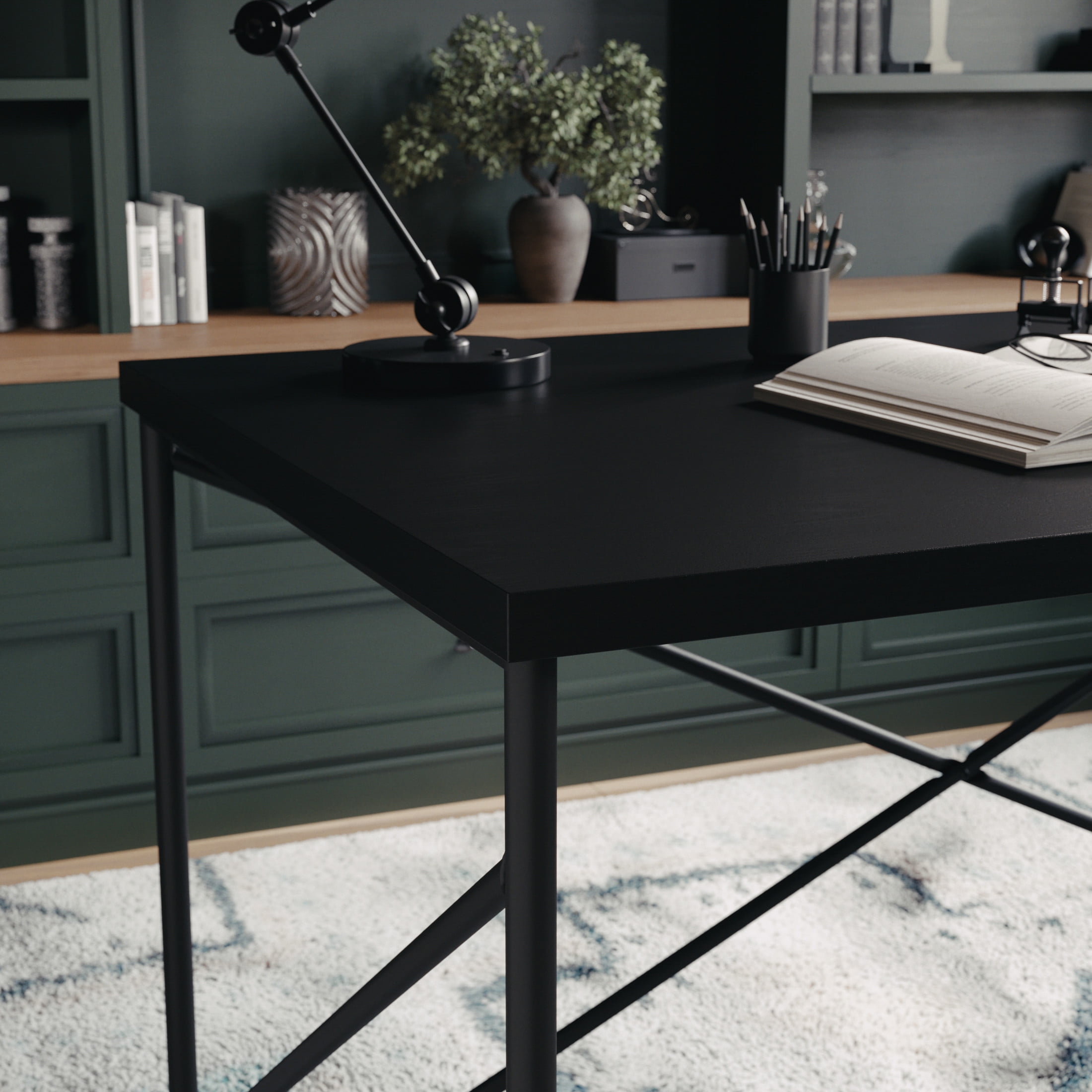 Martha Stewart Maddox Home Office Parsons Desk in Black Wood Grain with Oil Rubbed Bronze Metal X-Frame - Image 4