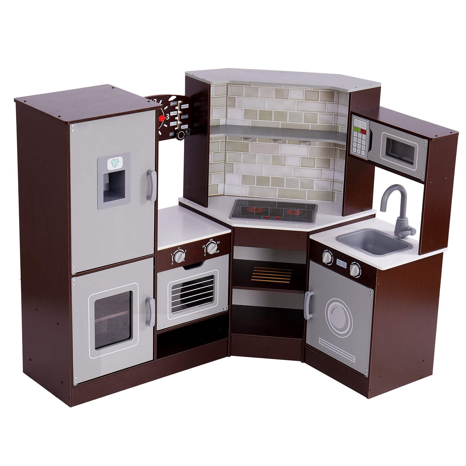 KFFKFF Play Kitchen Set for Kids, Includes Light & Sound Features, Kids' Kitchen with Ice Dispenser, Oven, Sink, Clock, Microwave, Fridge & Accessories, Ideal for Toddlers & Preschoolers, in Brown - Image 8