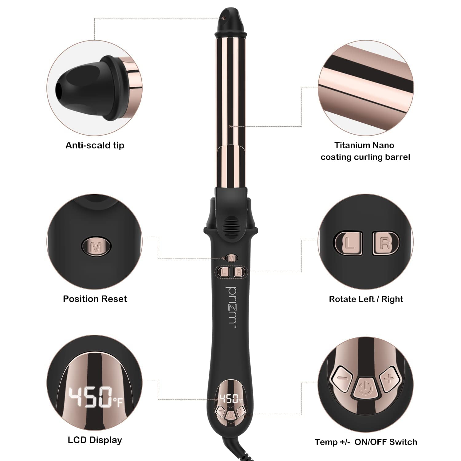 Prizm Curling Iron, Automatic Rotating 1 inch Hair Curler, Dual Voltage, 11 Adjustable Temperatures for Hair Styling, Durable Titanium Alloy for Smooth, Frizz-Free Curls - Image 3