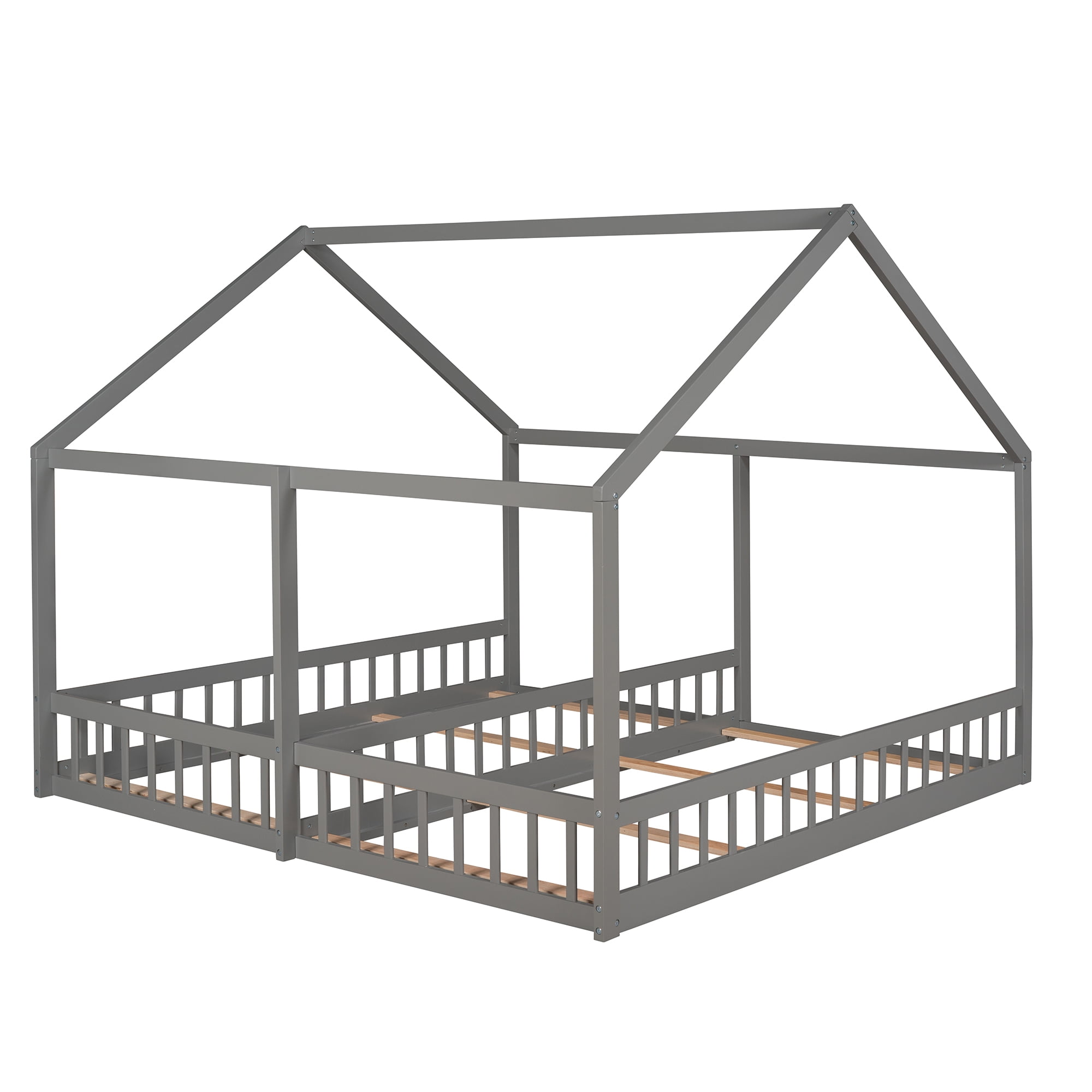 Euroco Modern Wood Two Beds in One Canopy Platform Bed, 2-in-1 Twin Size Bed for Kids Teens Bedroom, Gray - Image 8